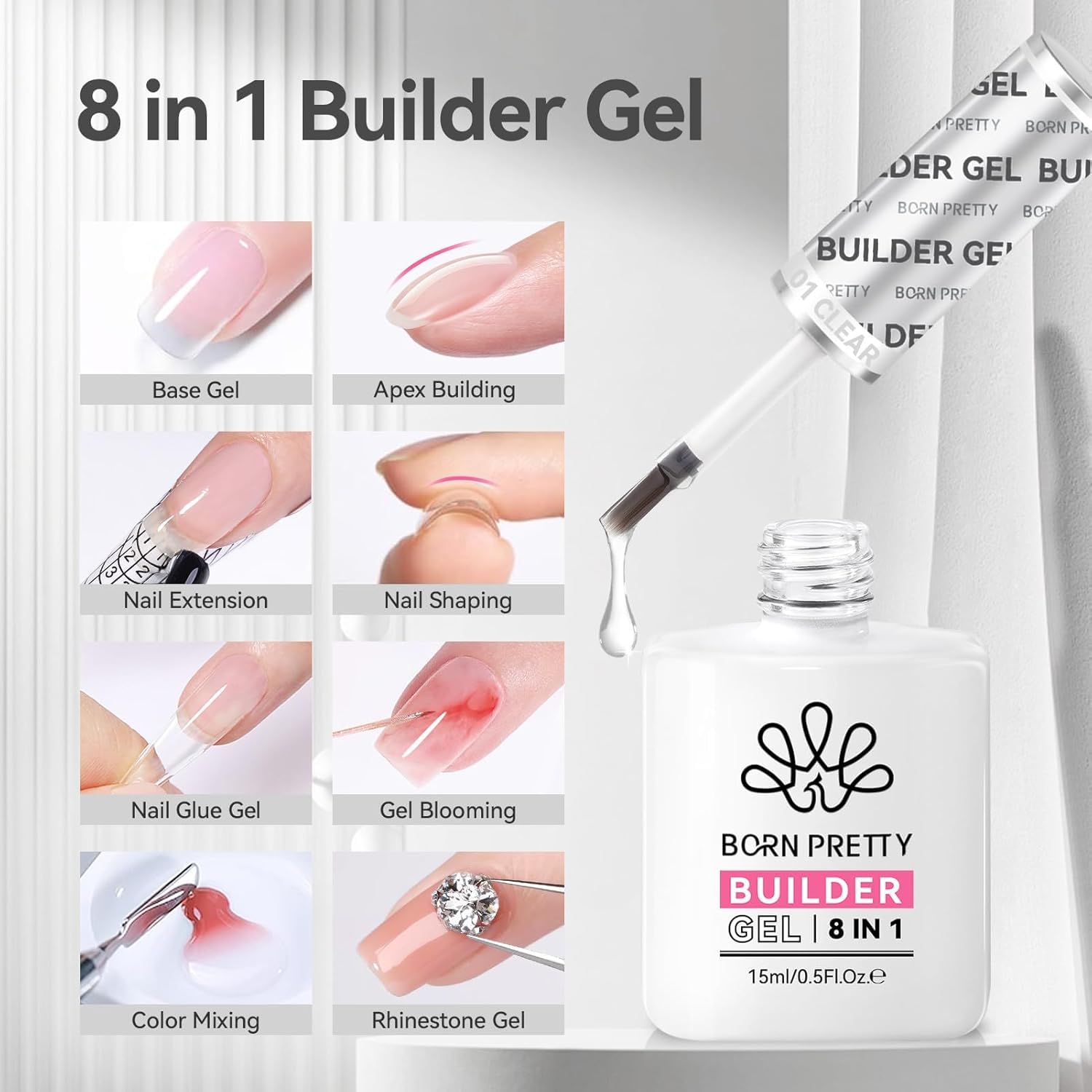Born Pretty Builder Gel 8-in-1 for Nails – 15ml Clear & Pink Set | Base Gel, Extension Gel, Rhinestone Glue