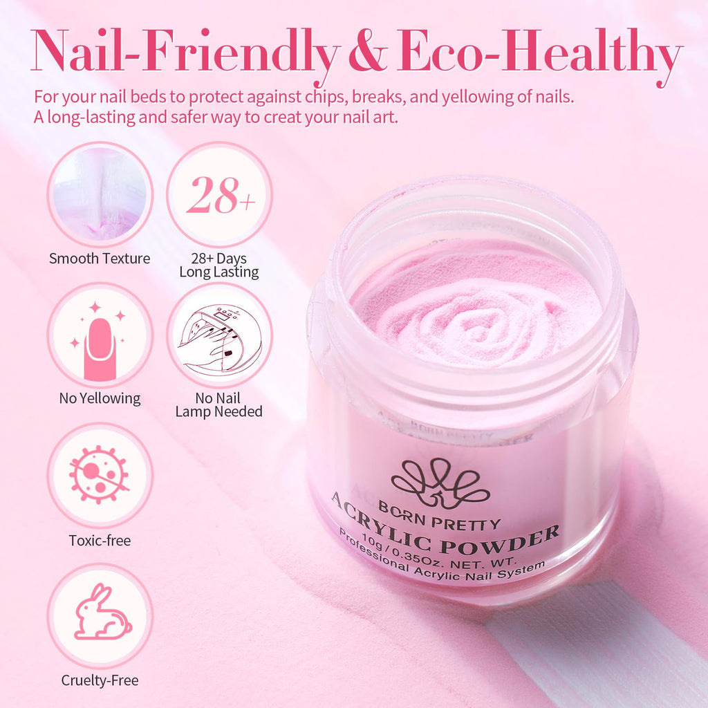 Born Pretty 87-Piece Acrylic Nail Kit for Beginners – Pink/White Glitter Powders + Monomer & Nail Prep Set