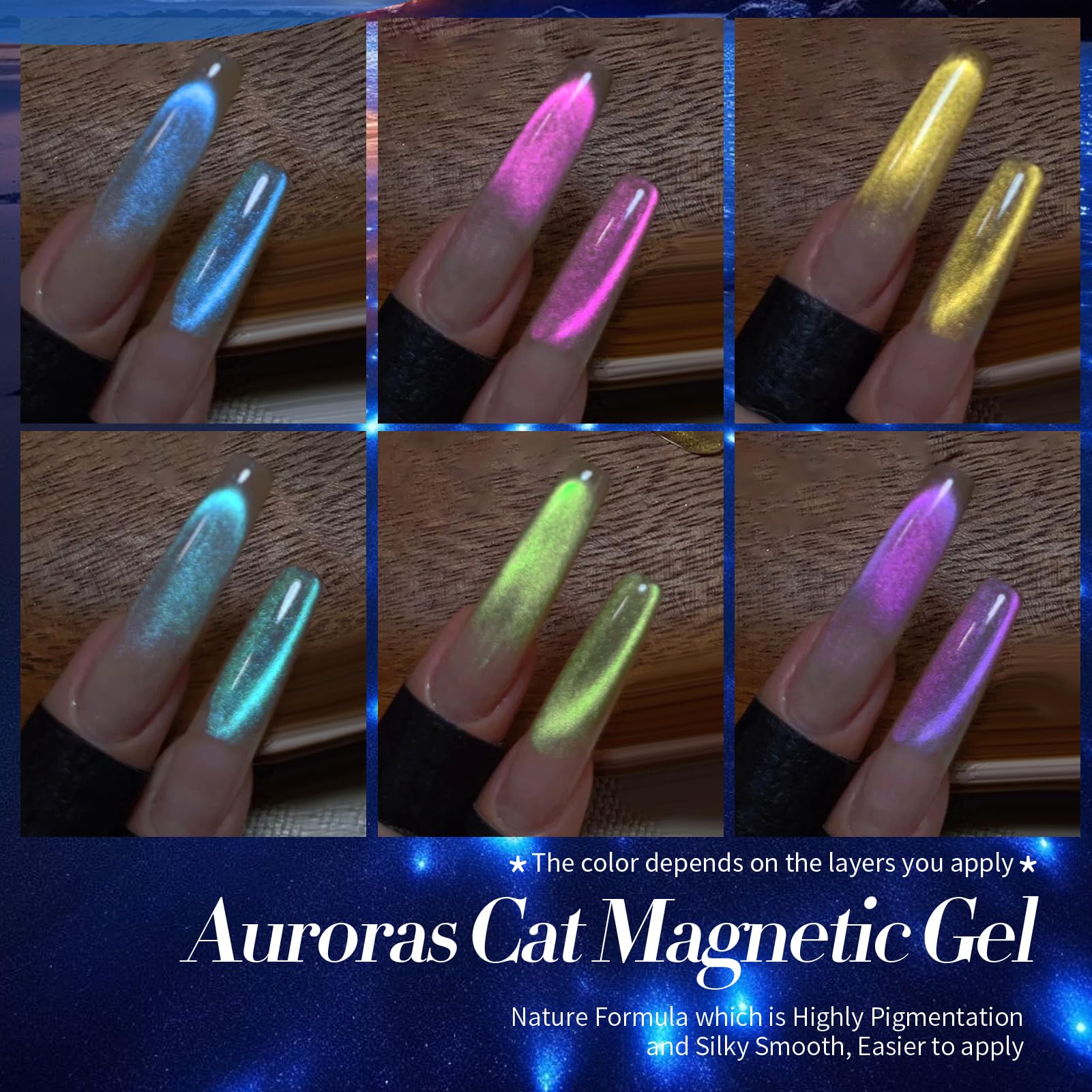 Born Pretty Cat Magnetic Eye Gel Nail Polish – Aurora Mermaid Blue Purple Pink Yellow Red, 6PCS 7ml for Nail Art & DIY