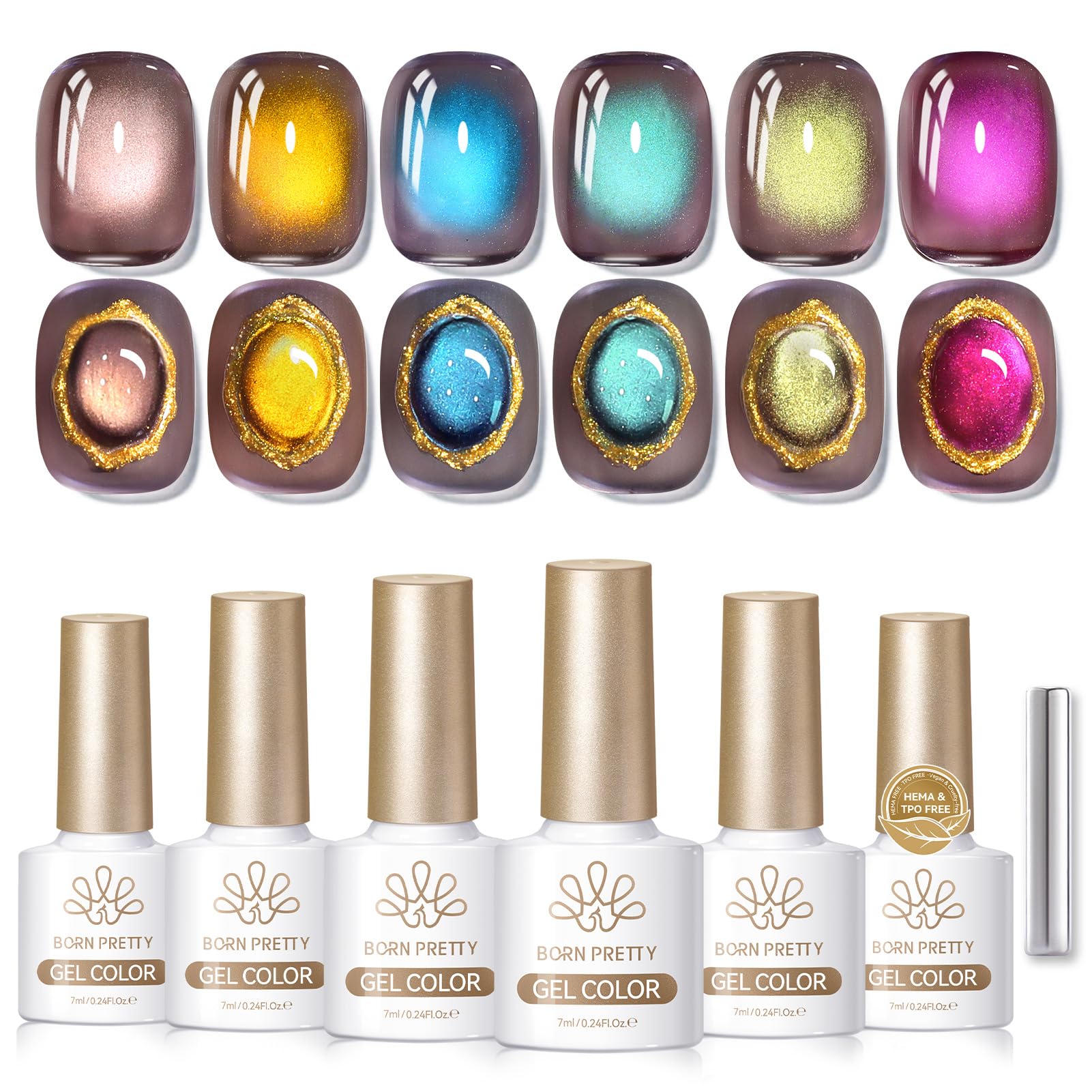 Born Pretty Cat Magnetic Eye Gel Nail Polish Set — 6 Glitter Colors, 7ml, HEMA & TPO Free
