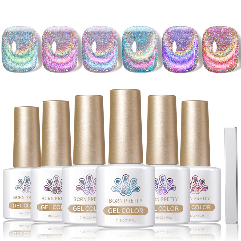 Born Pretty Magnetic Gel Nail Polish Gift Set - 6 Cat Magnetic Holographic Colors