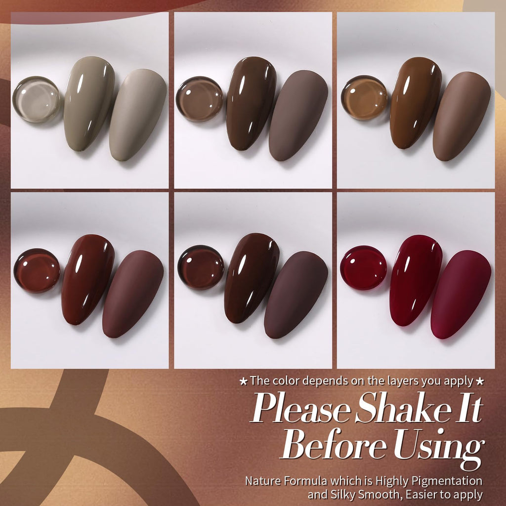 Born Pretty Fall Winter Gel Nail Polish Set – 6x 7ml Burgundy, Brown & Caramel Autumn Gel Kit