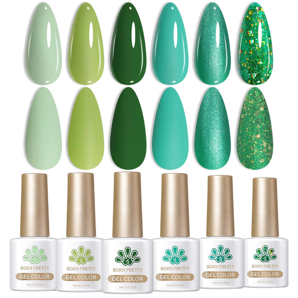 Born Pretty Green Gel Nail Polish Set – 6-Piece Avocado, Glitter, Dark & Forest Greens for DIY Manicures