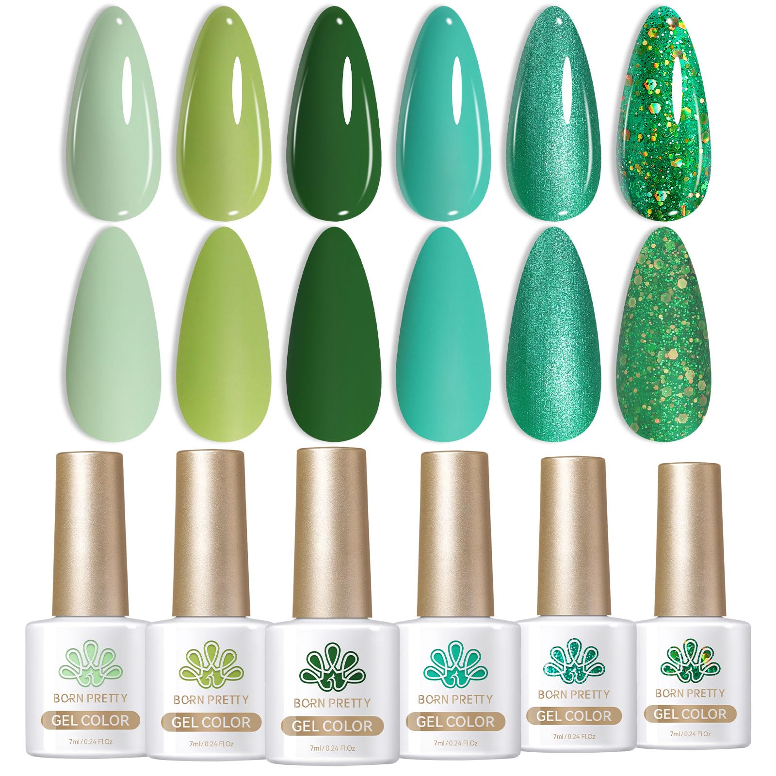Born Pretty Green Gel Nail Polish Set – 6-Piece Avocado, Glitter, Dark & Forest Greens for DIY Manicures