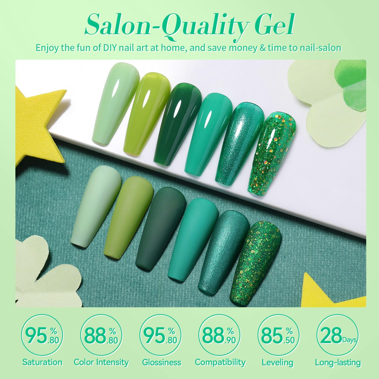 Born Pretty Green Gel Nail Polish Set – 6-Piece Avocado, Glitter, Dark & Forest Greens for DIY Manicures