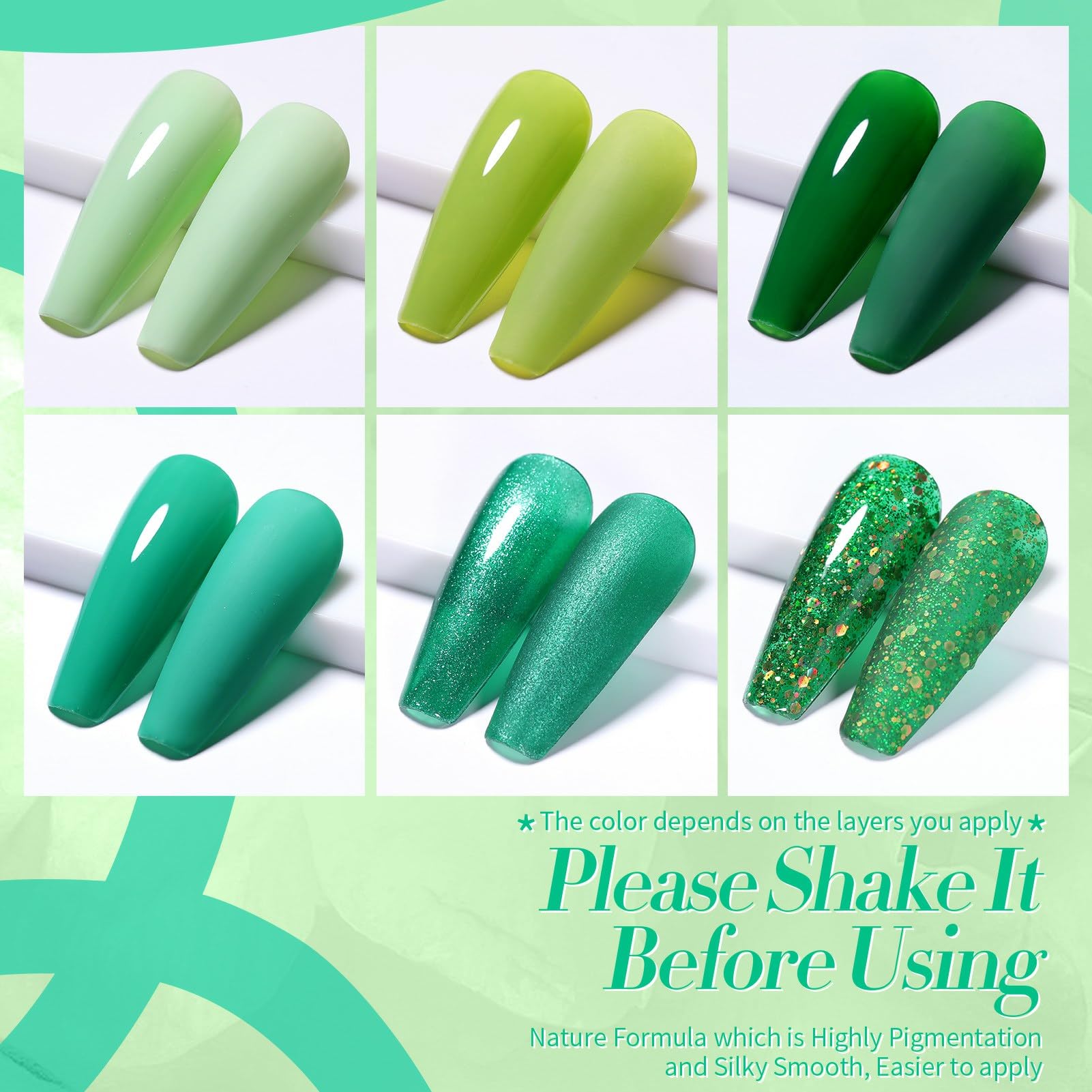 Born Pretty Green Gel Nail Polish Set – 6-Piece Avocado, Glitter, Dark & Forest Greens for DIY Manicures