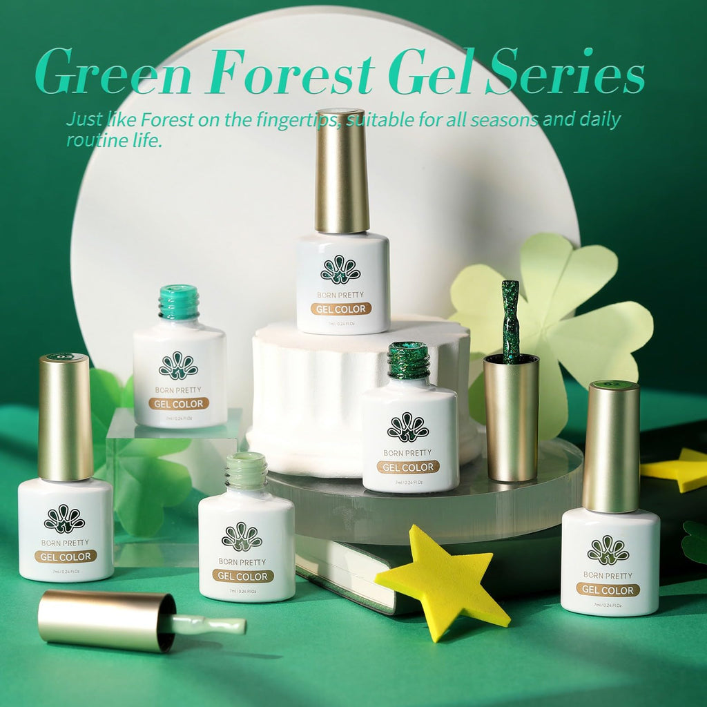 Born Pretty Green Gel Nail Polish Set – 6-Piece Avocado, Glitter, Dark & Forest Greens for DIY Manicures