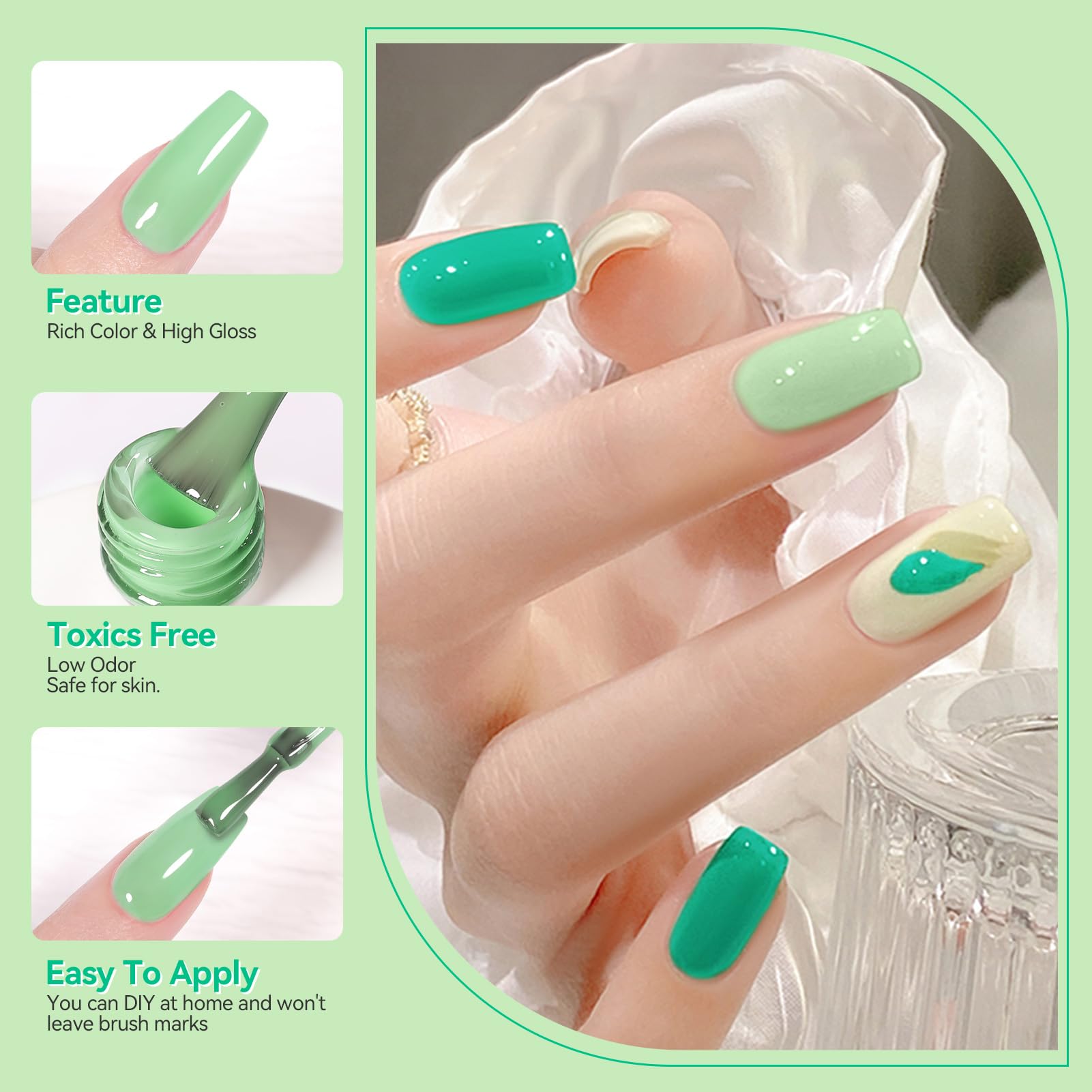 Born Pretty Green Gel Nail Polish Set – 6-Piece Avocado, Glitter, Dark & Forest Greens for DIY Manicures