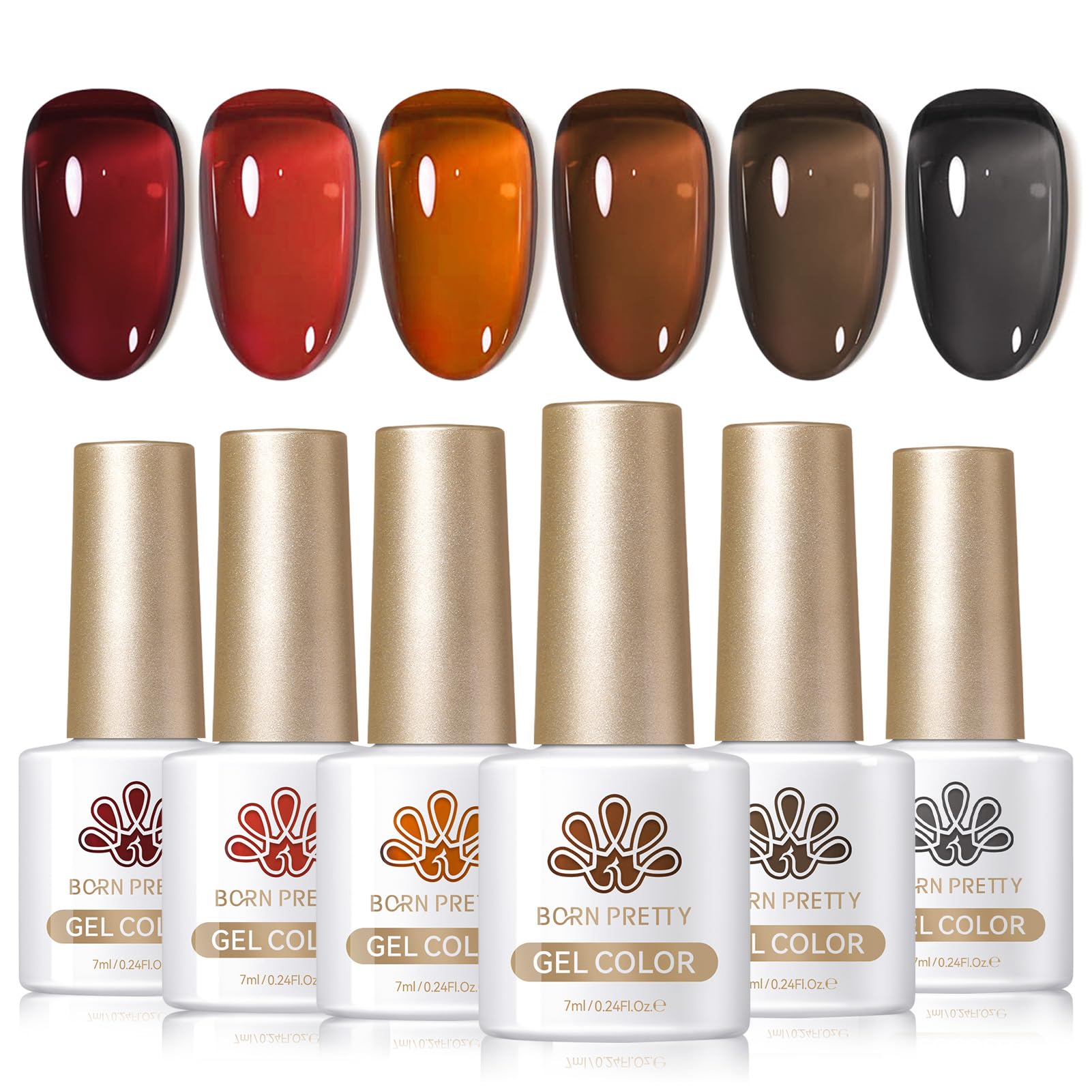 Born Pretty Jelly Gel Nail Polish 6-Piece Amber Crystal, Brown, Orange, Burgundy, Red, Black – Fall/Winter Kit