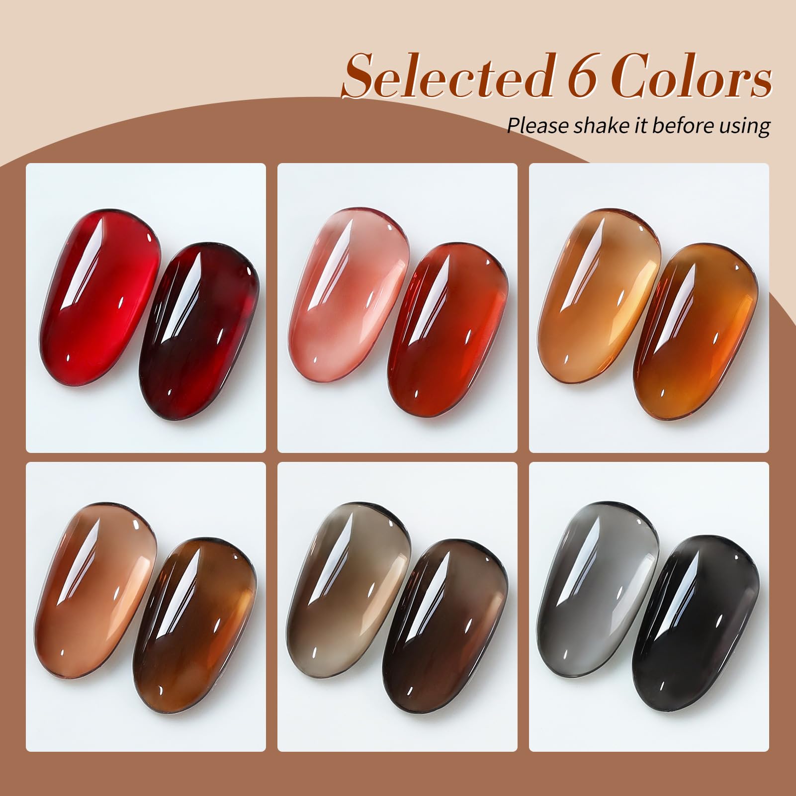 Born Pretty Jelly Gel Nail Polish 6-Piece Amber Crystal, Brown, Orange, Burgundy, Red, Black – Fall/Winter Kit