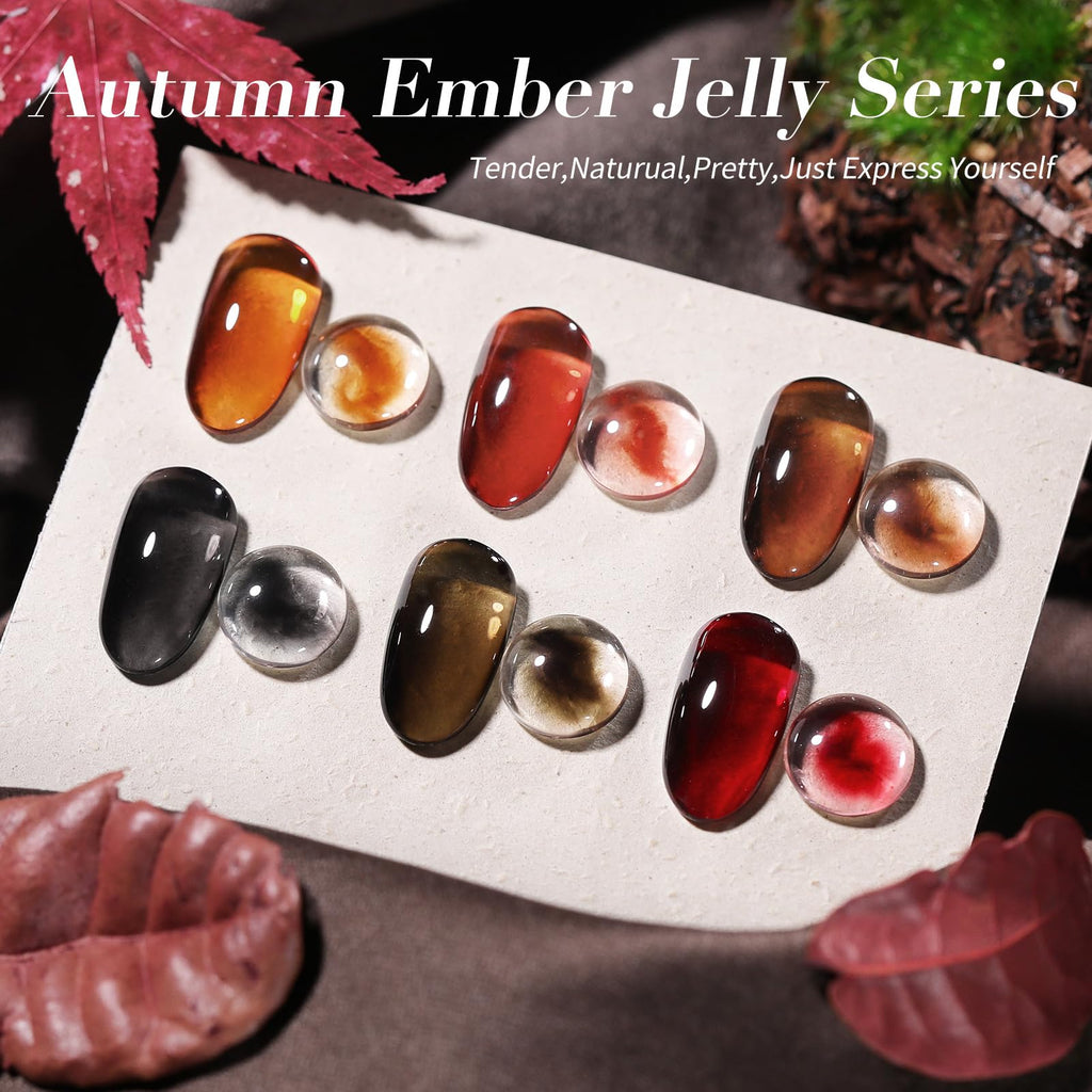 Born Pretty Jelly Gel Nail Polish 6-Piece Amber Crystal, Brown, Orange, Burgundy, Red, Black – Fall/Winter Kit