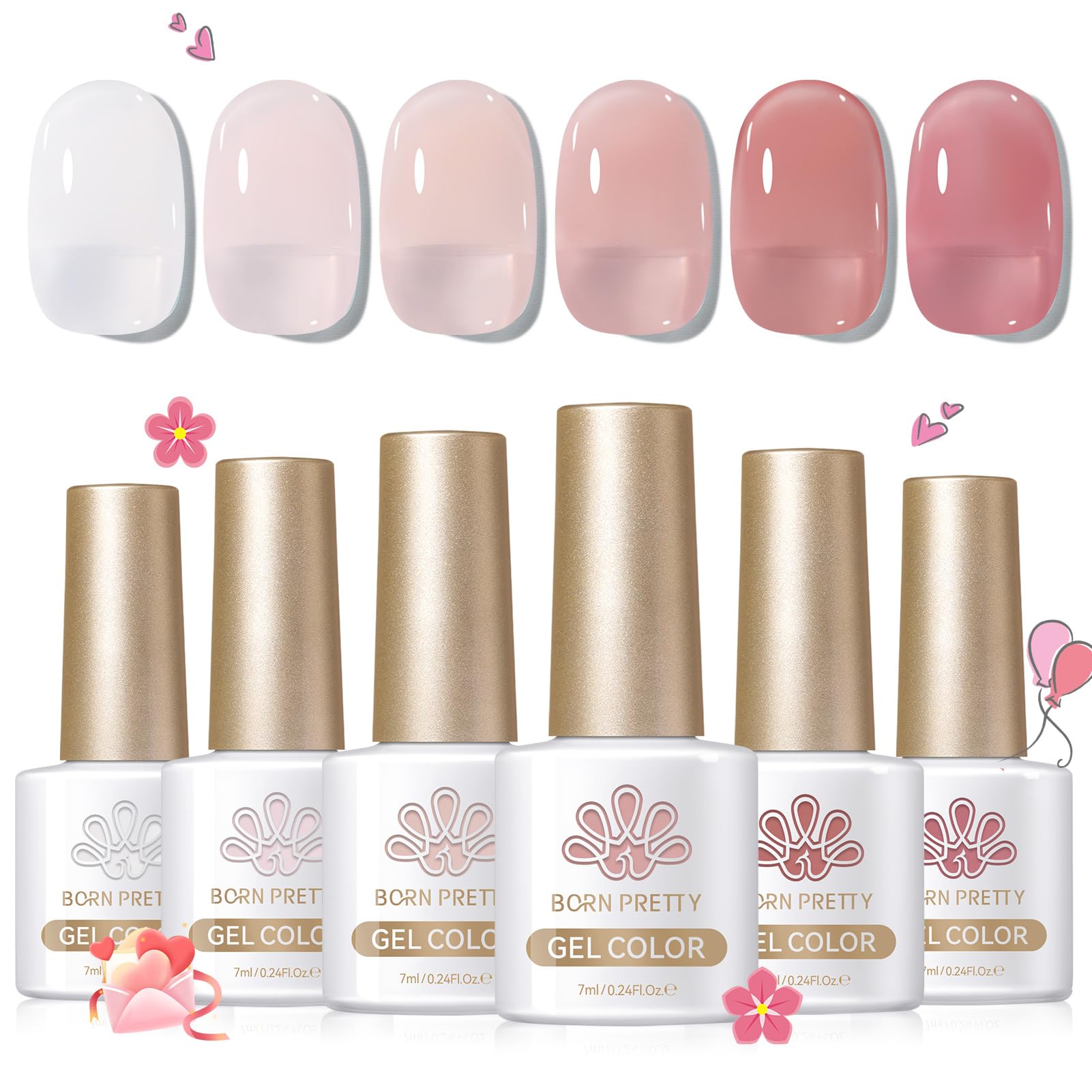 Born Pretty Milky White Jelly Pink Gel Nail Polish Kit – 6 Colors, Soak Off, UV Light Cure