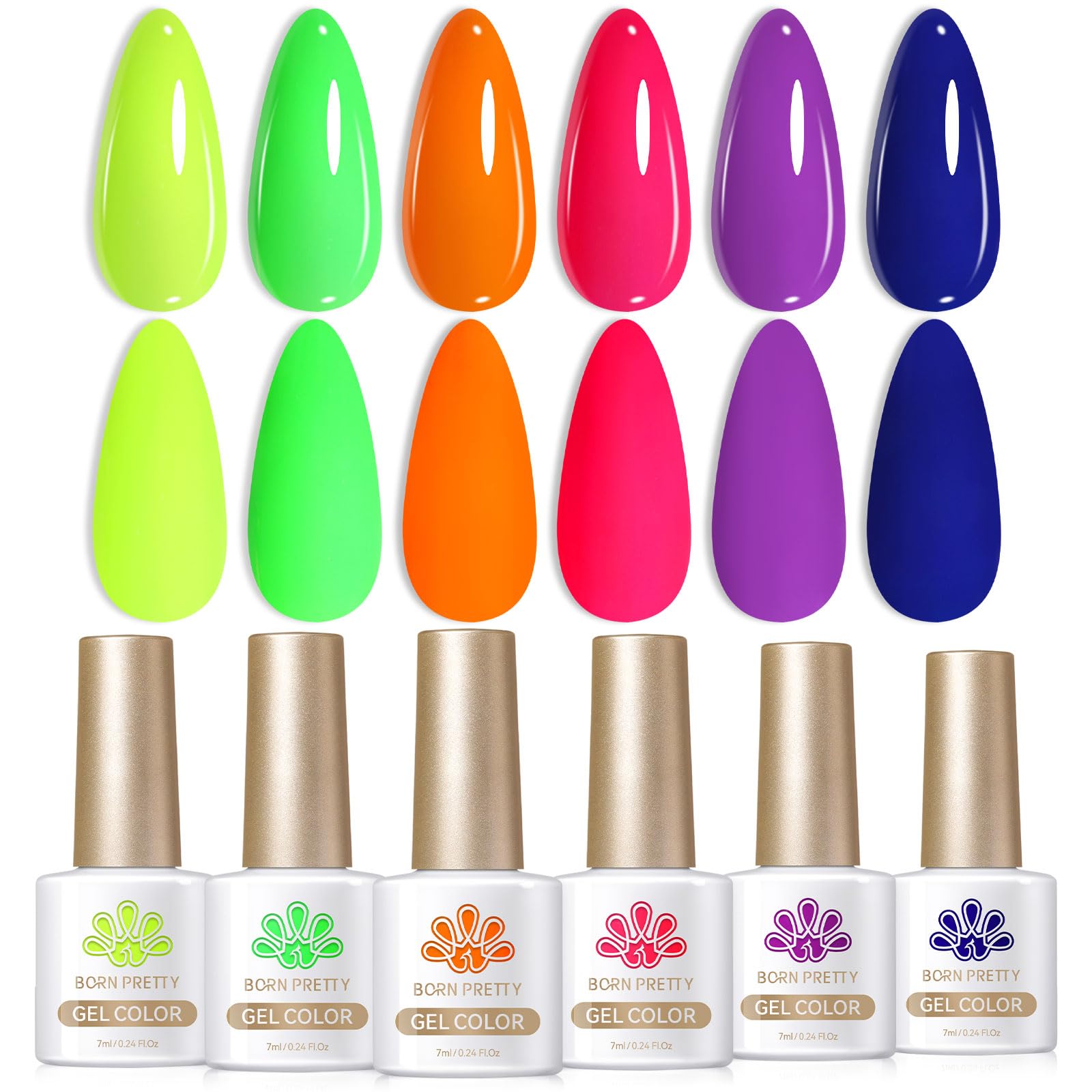 Born Pretty Neon Gel Nail Polish Set — 6 Luminous Neon Colors, 7ml