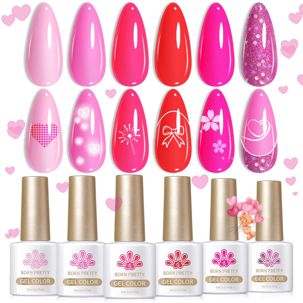 Born Pretty Neon Hot Pink Gel Nail Polish – 6x7ml Glitter Sparkle Set, Soak-Off UV/LED