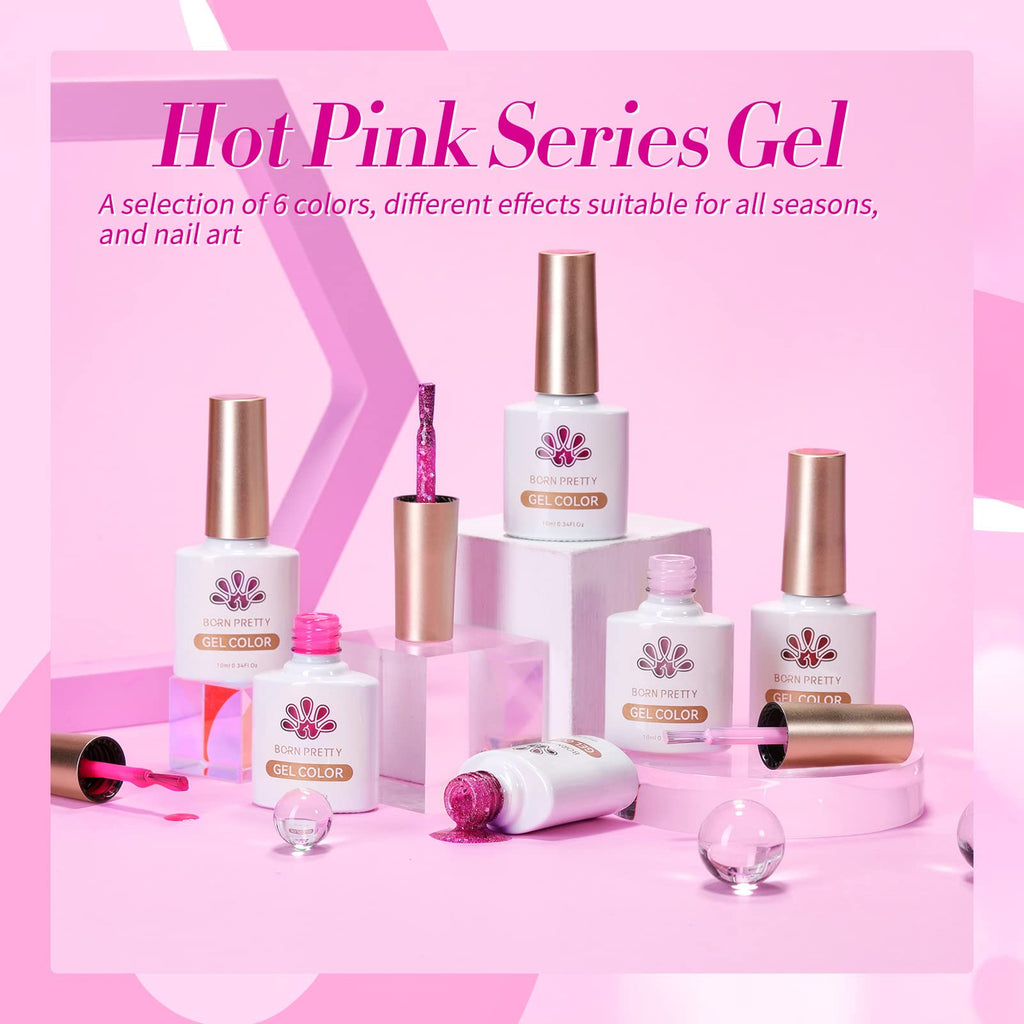 Born Pretty Neon Hot Pink Gel Nail Polish – 6x7ml Glitter Sparkle Set, Soak-Off UV/LED