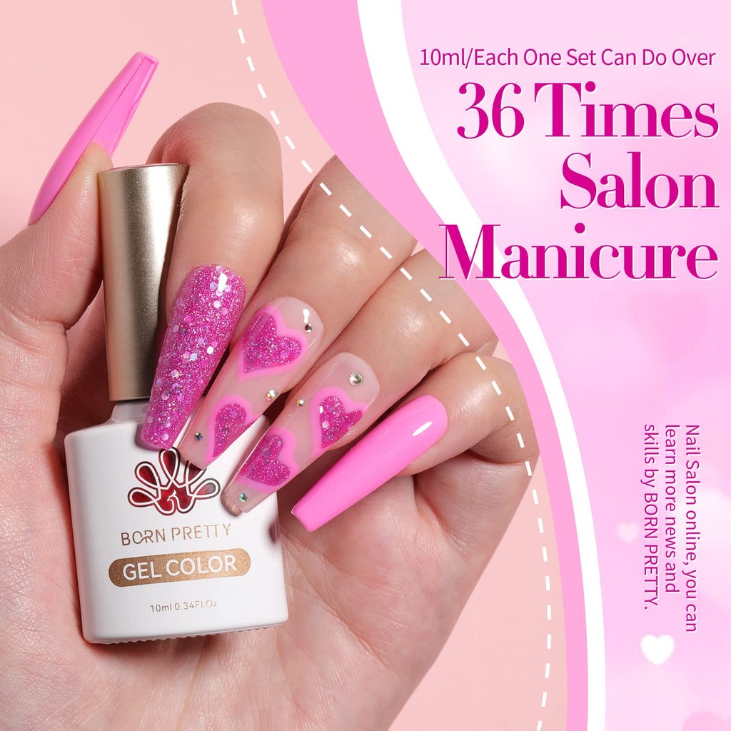 Born Pretty Neon Hot Pink Gel Nail Polish – 6x7ml Glitter Sparkle Set, Soak-Off UV/LED
