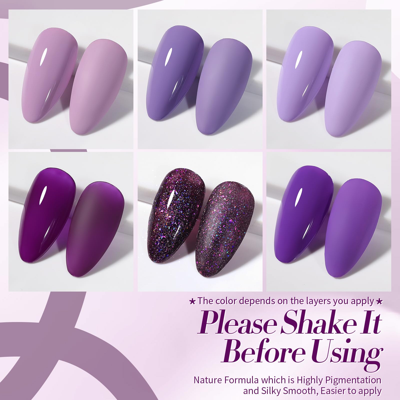 BORN PRETTY Purple Gel Nail Polish Set – 6 Colors (Lavender to Deep Plum) | Soak-Off Gel Kit