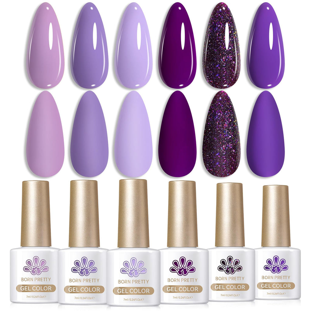 BORN PRETTY Purple Gel Nail Polish Set – 6 Colors (Lavender to Deep Plum) | Soak-Off Gel Kit