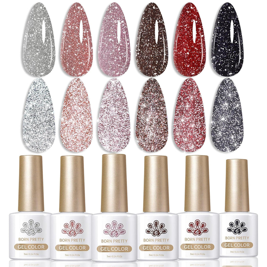 Born Pretty Reflective Red Glitter Gel Polish 6-Pack 7ml | Christmas Disco Nails