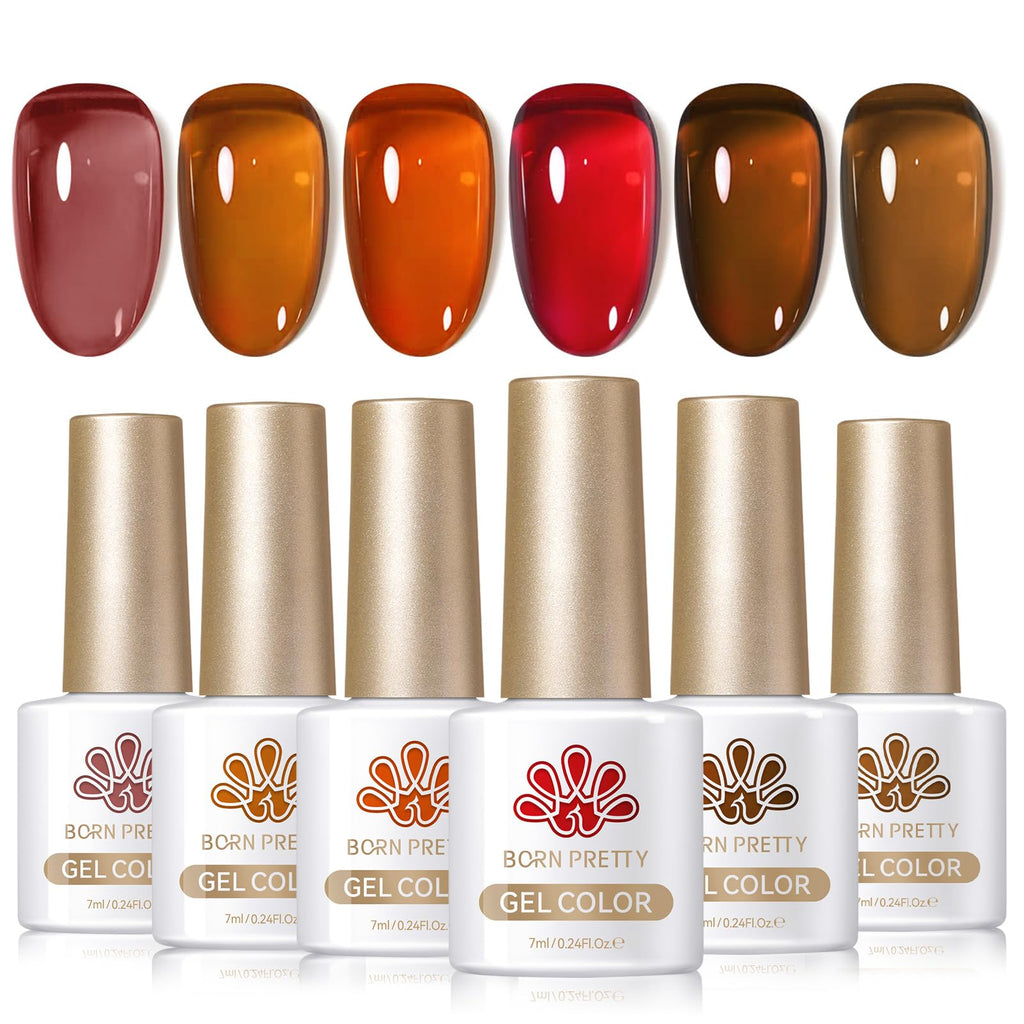 Born Pretty Fall Winter Jelly Gel Nail Polish Set – Amber Crystal & Marble Effects (6x7ml)