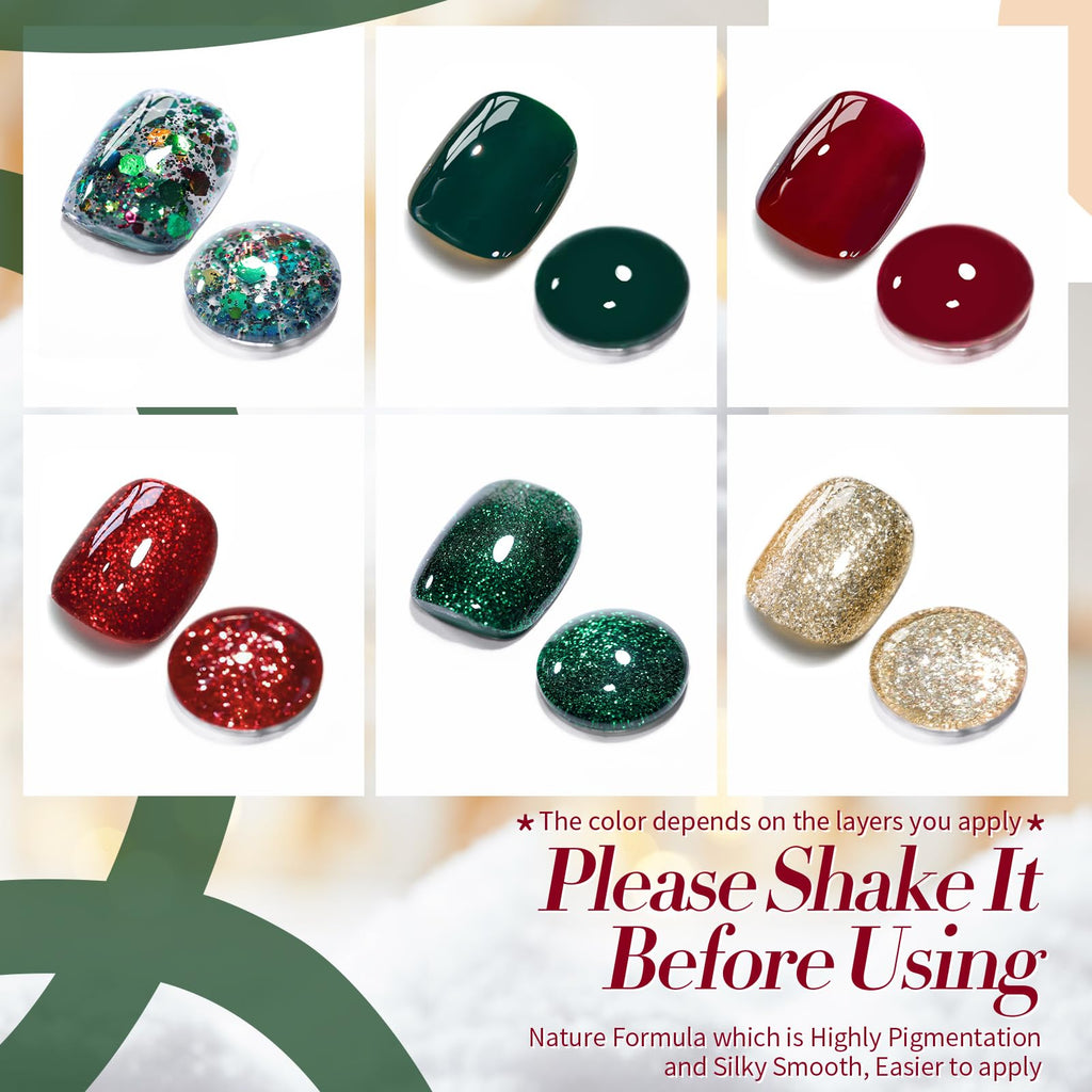 Born Pretty Christmas Gel Nail Polish Set – Green, Red & Gold Glitter, 6-Piece Holiday Collection
