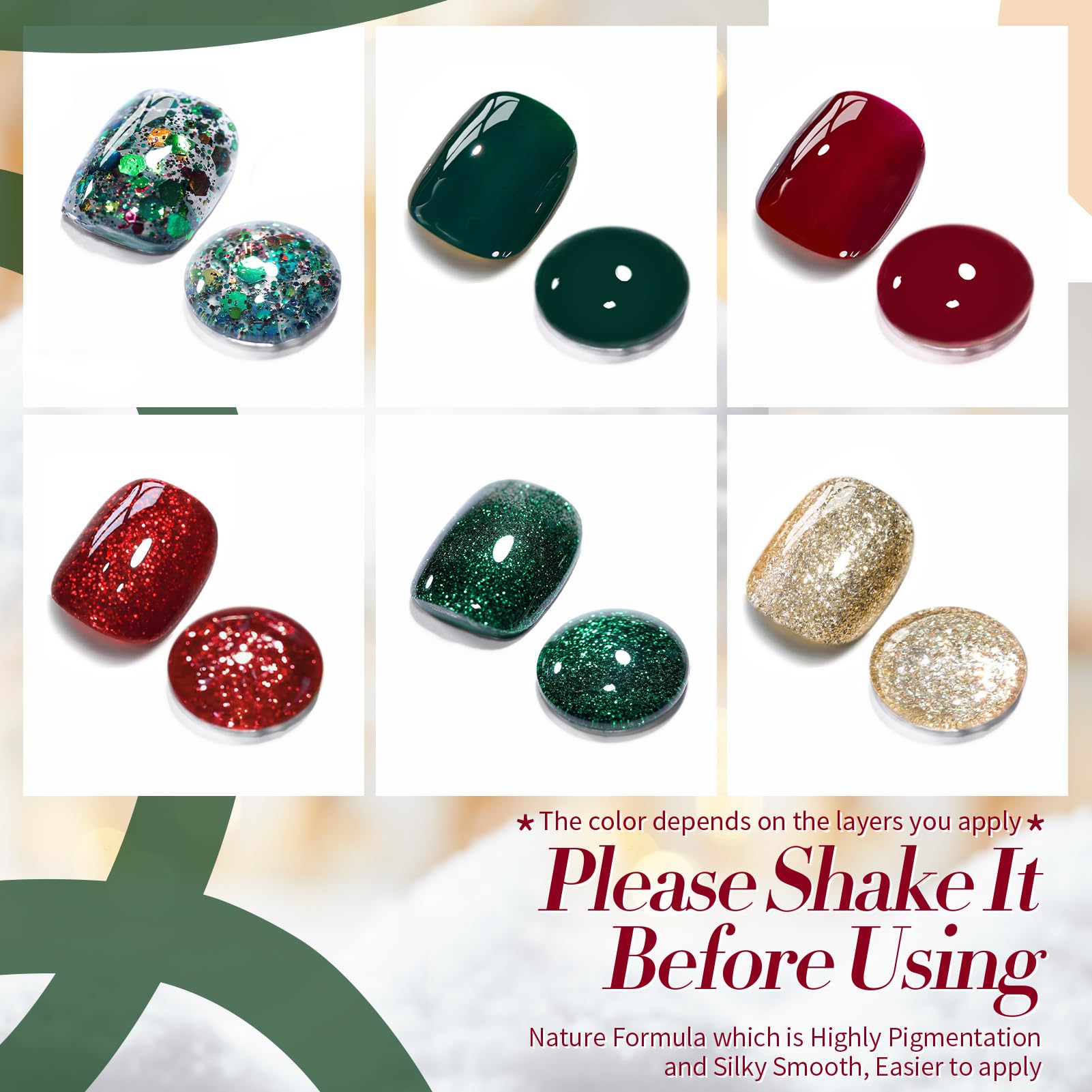 Born Pretty Christmas Gel Nail Polish Set – Green, Red & Gold Glitter, 6-Piece Holiday Collection