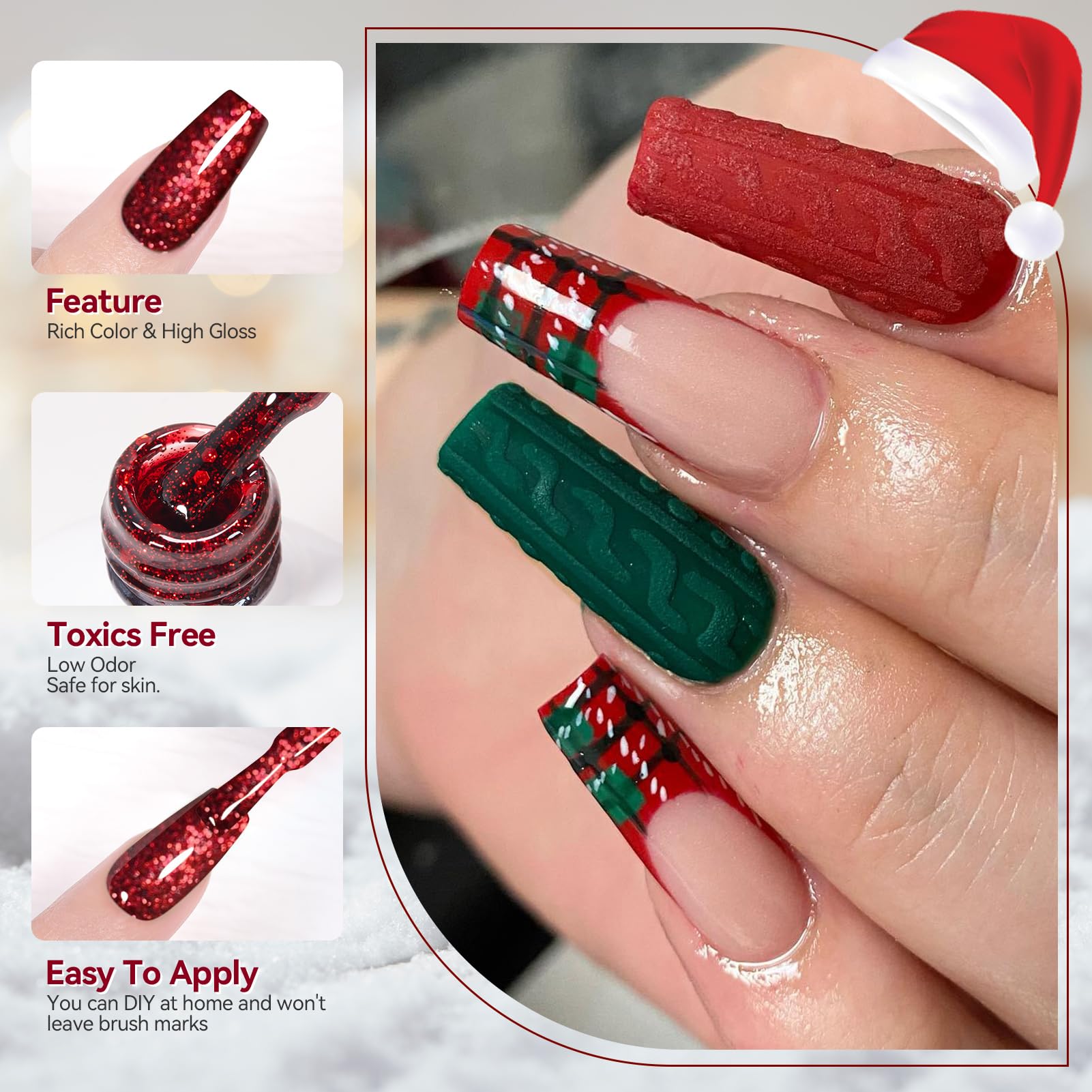Born Pretty Christmas Gel Nail Polish Set – Green, Red & Gold Glitter, 6-Piece Holiday Collection