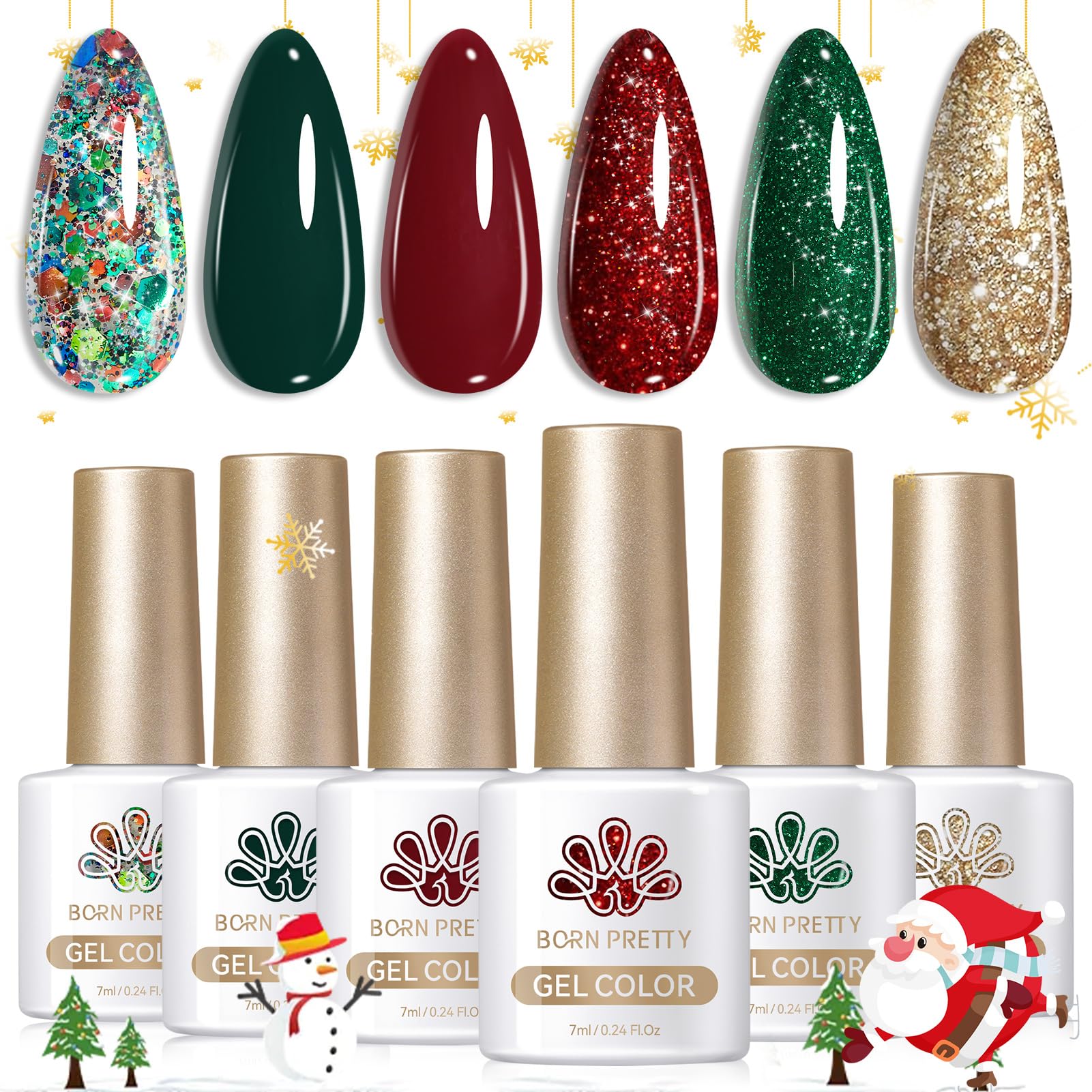 Born Pretty Christmas Gel Nail Polish Set – Green, Red & Gold Glitter, 6-Piece Holiday Collection
