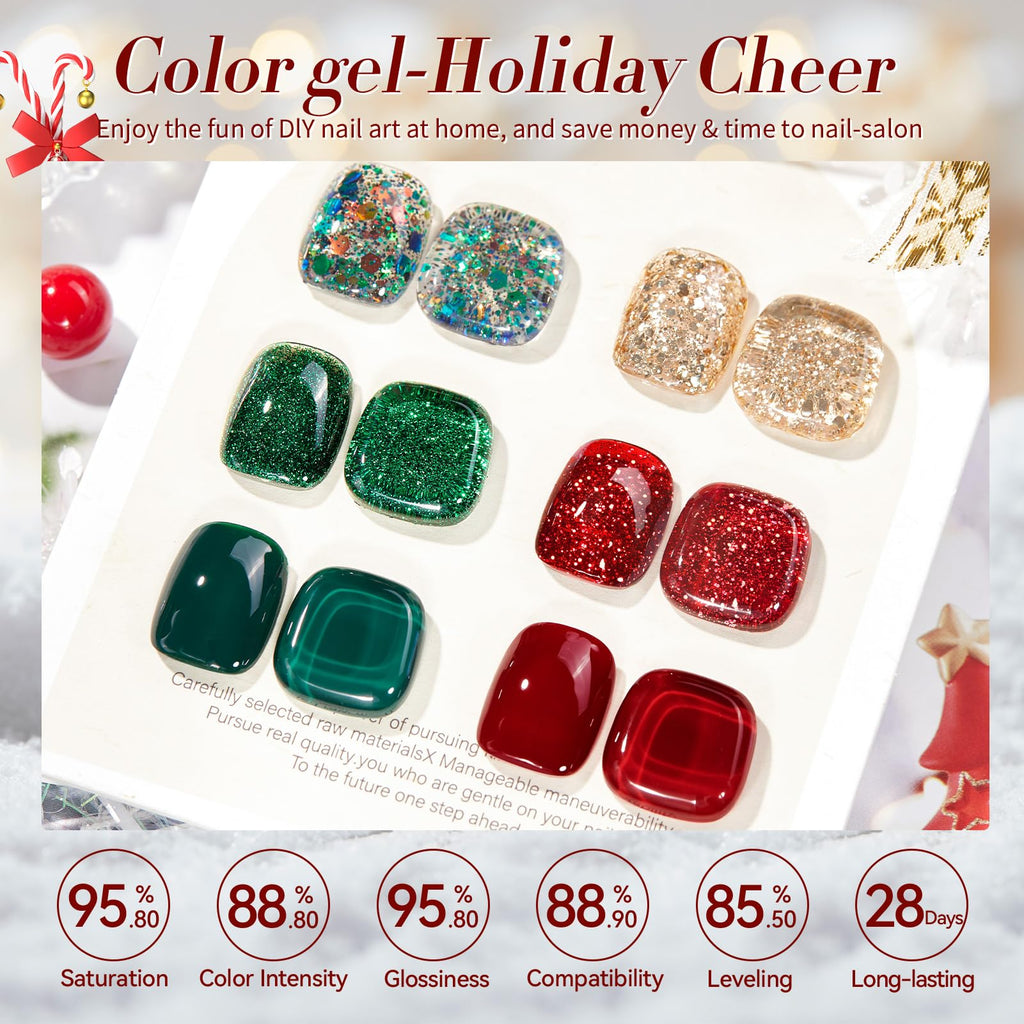 Born Pretty Christmas Gel Nail Polish Set – Green, Red & Gold Glitter, 6-Piece Holiday Collection
