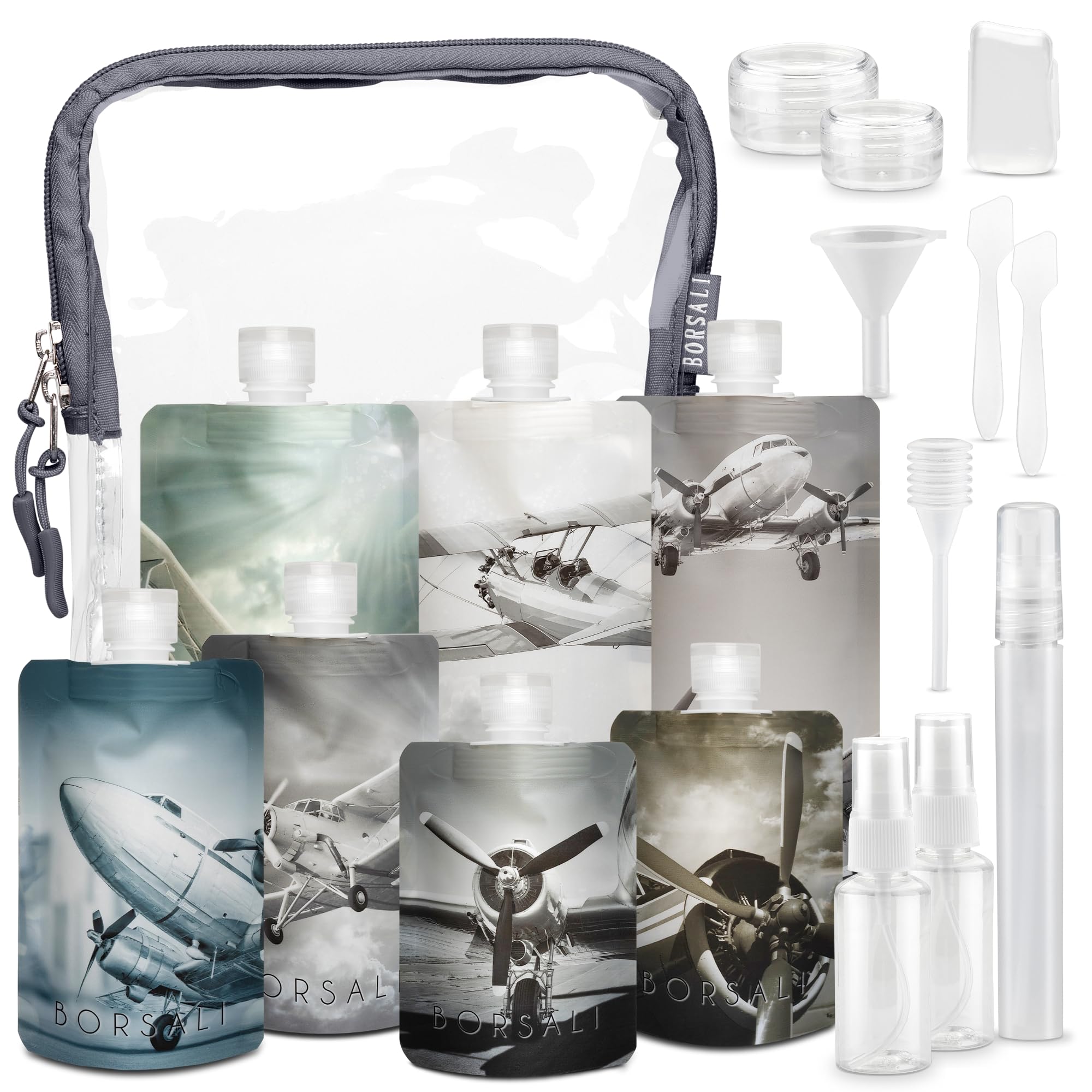 BORSALI Travel Pouches for Toiletries – Flat-Pack, TSA-Approved 18-Piece Set (Gray)