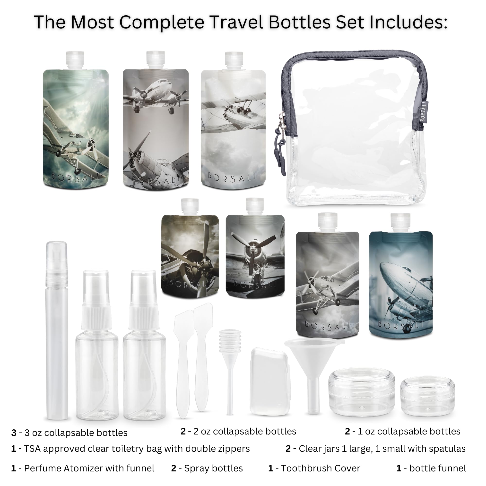 BORSALI Travel Pouches for Toiletries – Flat-Pack, TSA-Approved 18-Piece Set (Gray)