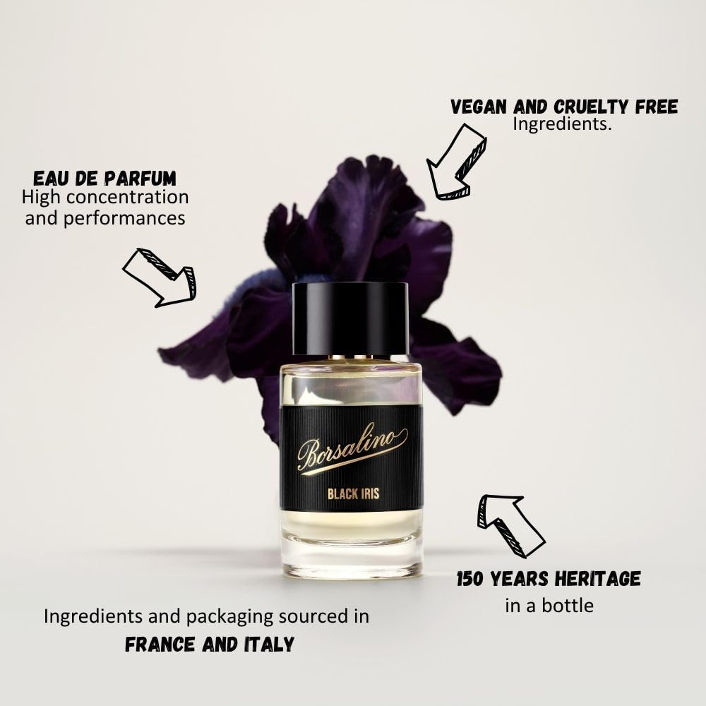 Borsalino Black Iris – Men’s Eau de Parfum | Long-Lasting Fresh Woody Amber with Bergamot & Iris
