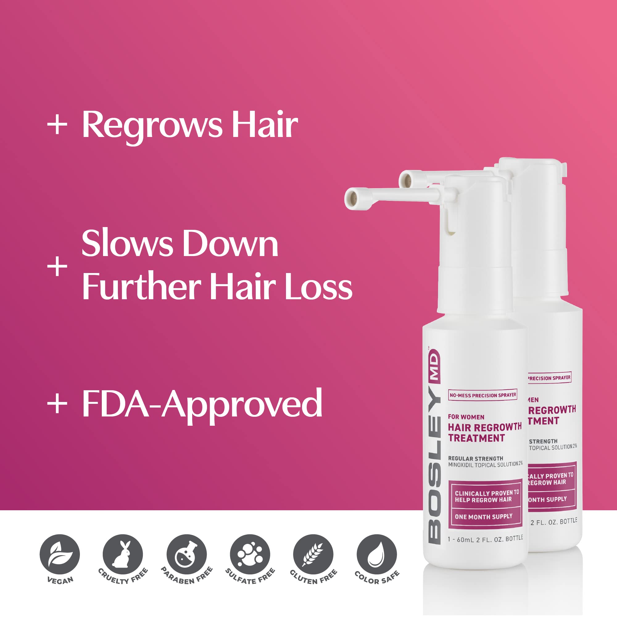 BosleyMD Minoxidil Woman Spray – 2% Hair Regrowth Treatment for Women | No-Mess Sprayer, 2-Month Supply
