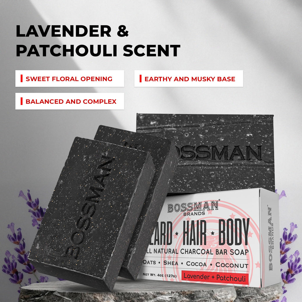 Bossman 3-Pack 4-in-1 Charcoal Soap Bar (4 oz) – Lavender & Patchouli Scent