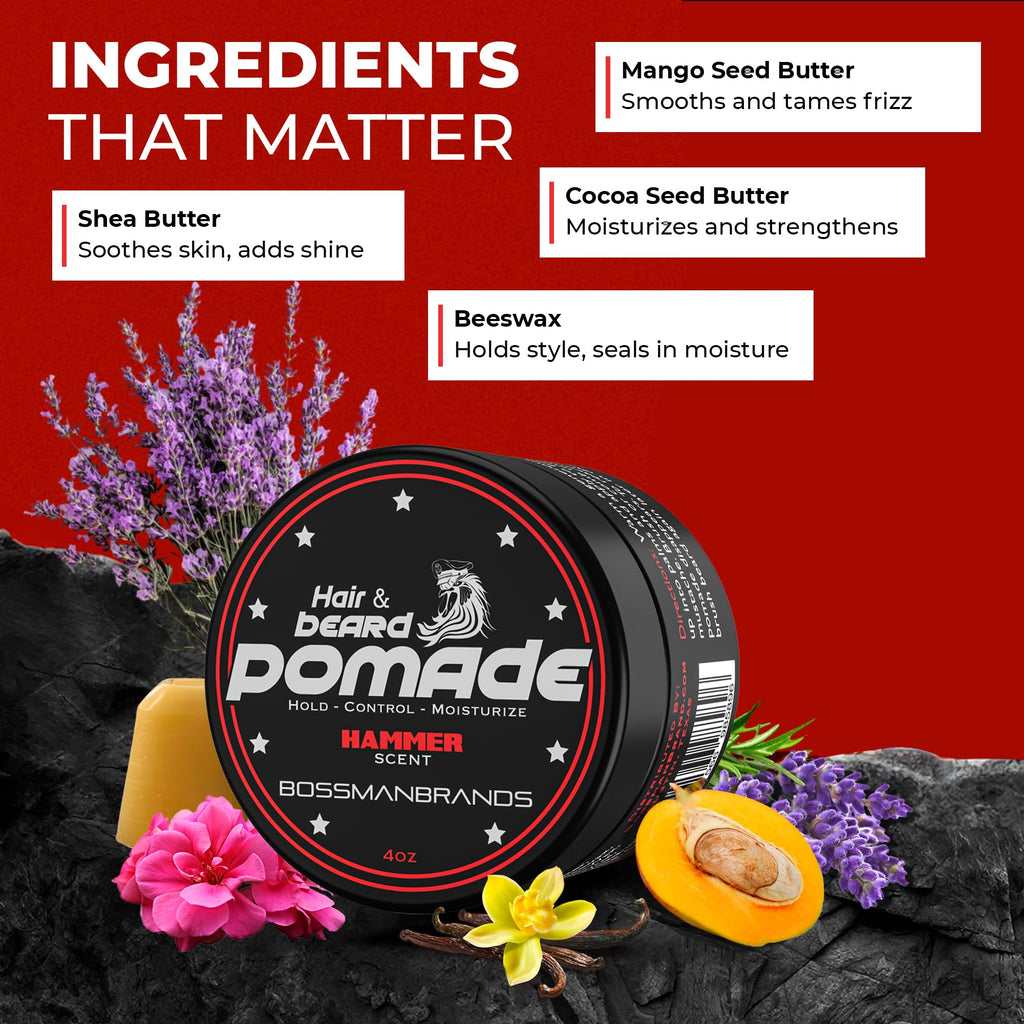 Bossman Hammer Hair & Beard Pomade – Medium Hold, Moisturizing, USA Made