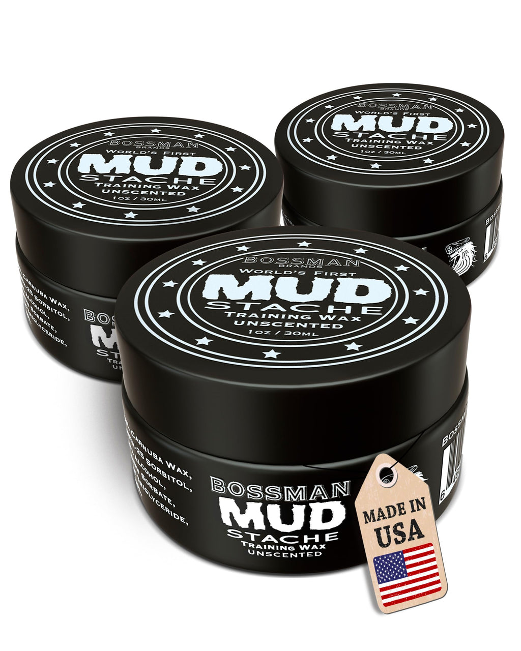 Bossman MUDstache Unscented Mustache Wax – 3 oz, 3-Pack, Strong 24-Hour Hold