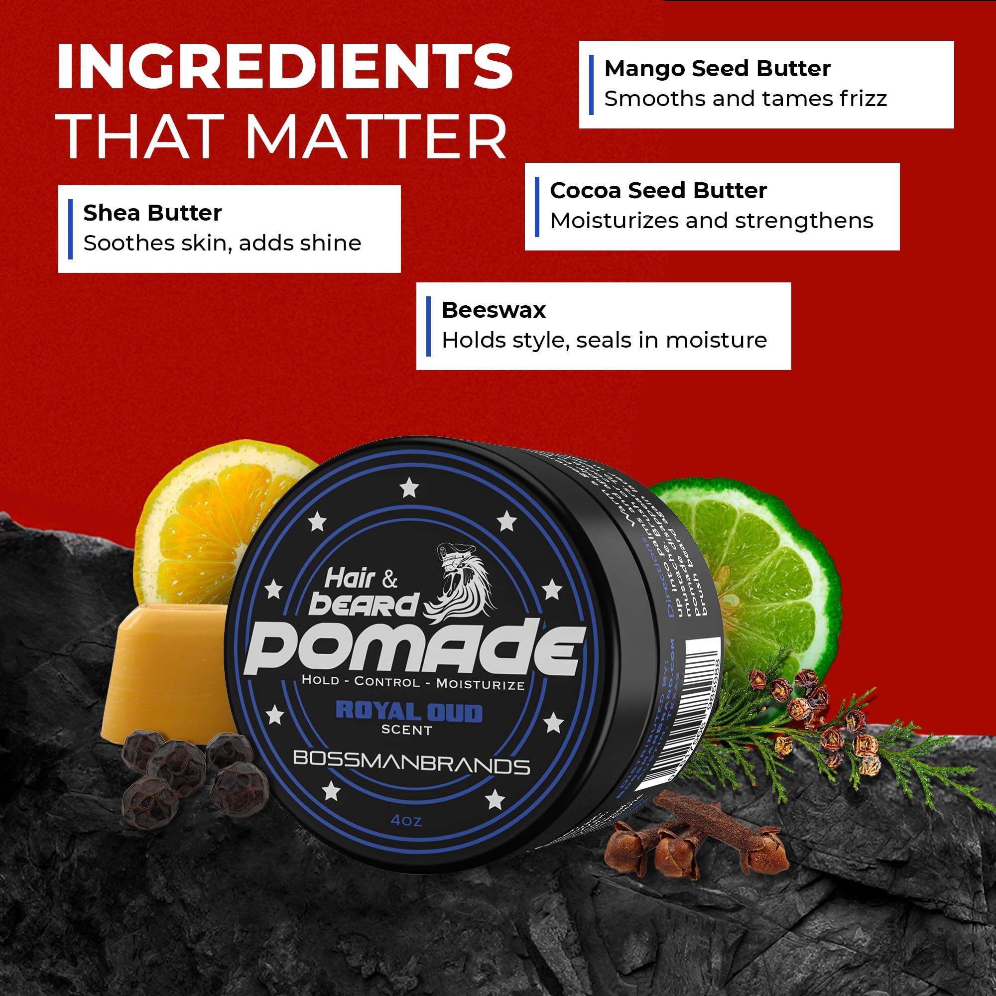 Bossman Hair & Beard Pomade – Royal Oud, Medium Hold, Moisturizing – Made in USA