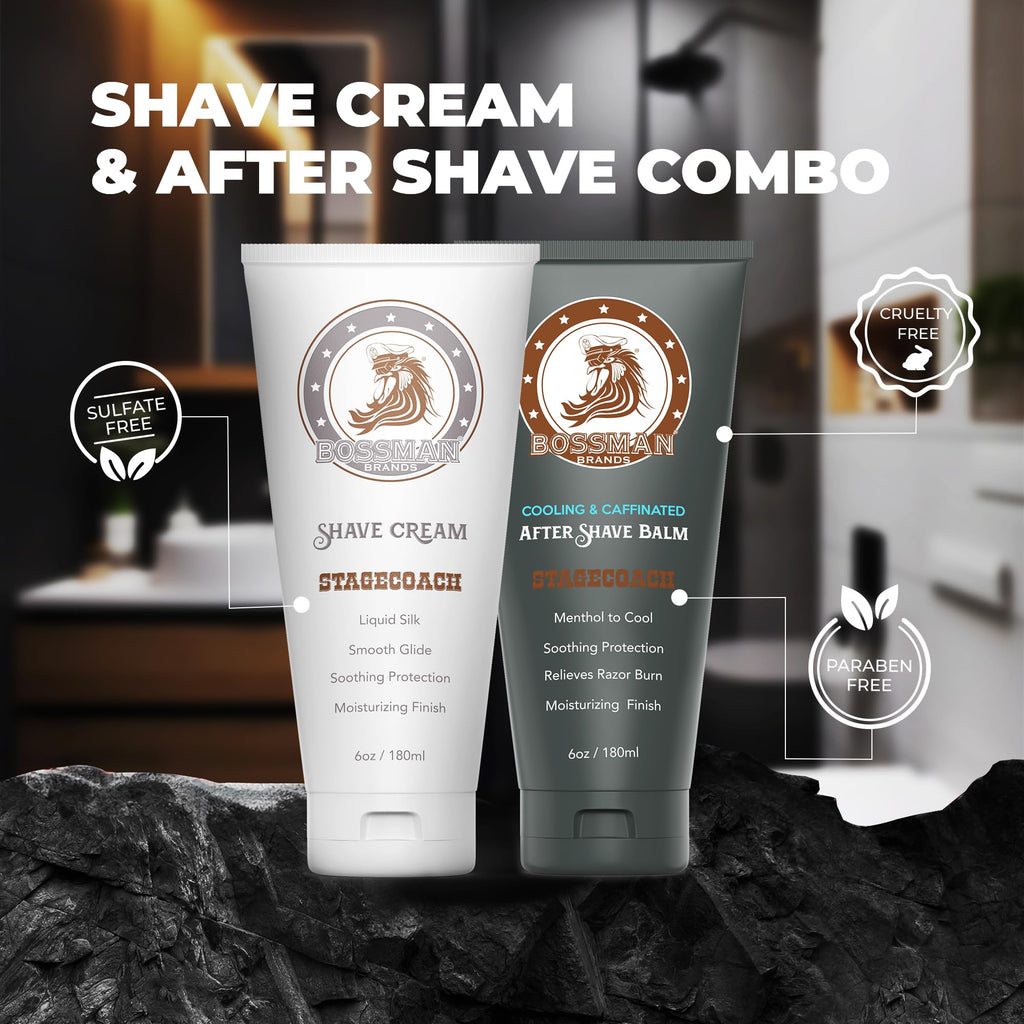 Bossman Silk Shaving Cream & Cooling Aftershave – Stagecoach Scent Combo for Men