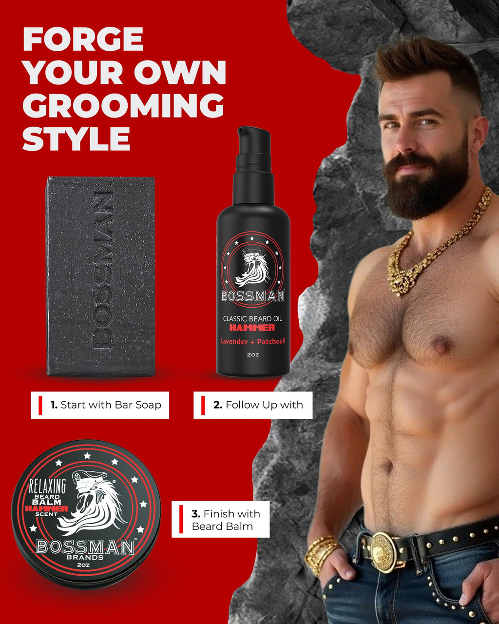 Bossman Starter Beard Kit – Beard Oil, Balm & Soap, Hammer Scent – Made in USA