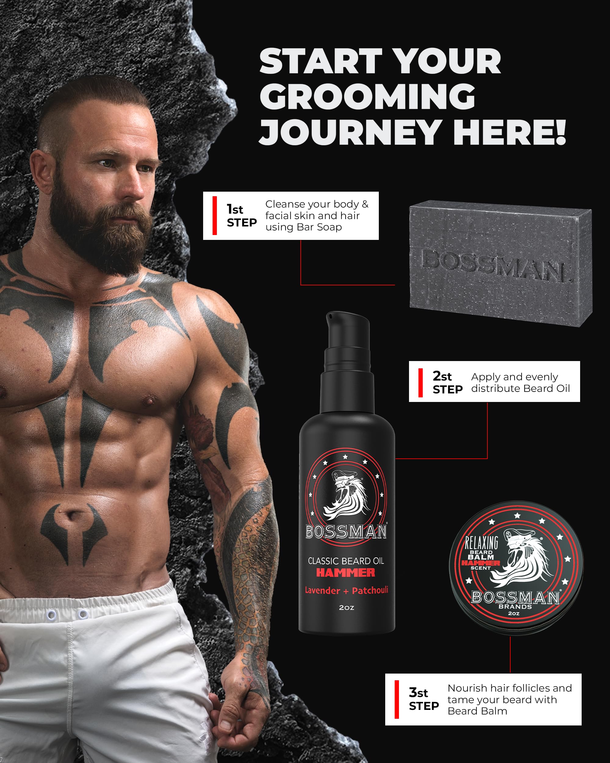 Bossman Starter Beard Kit – Beard Oil, Balm & Soap, Hammer Scent – Made in USA