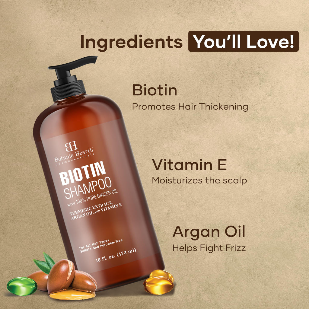 Botanic Hearth Biotin Shampoo with 100% Pure Ginger Oil | Sulfate & Paraben Free | Turmeric, Argan Oil & Vitamin E | For All Hair Types | 16 Fl Oz