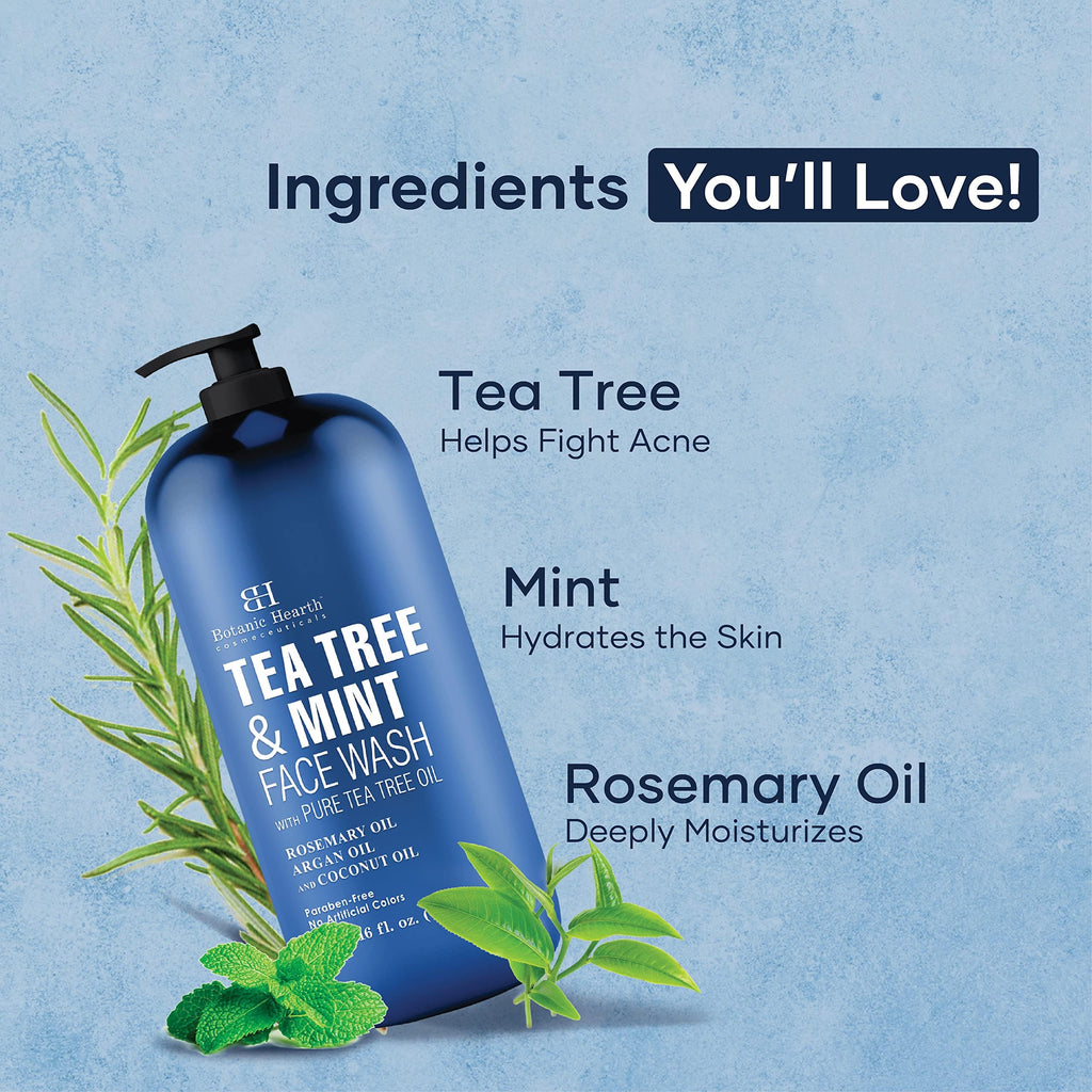 Botanic Hearth Tea Tree Face Wash with Mint – Hydrating Acne-Fighting Soap, 16 oz