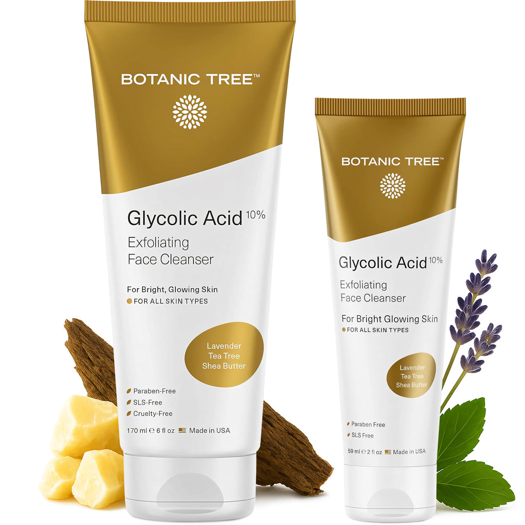 Botanic Tree Glycolic Face Wash – 10% Glycolic & Salicylic Acid Exfoliator, Pack of 2 + Travel Size