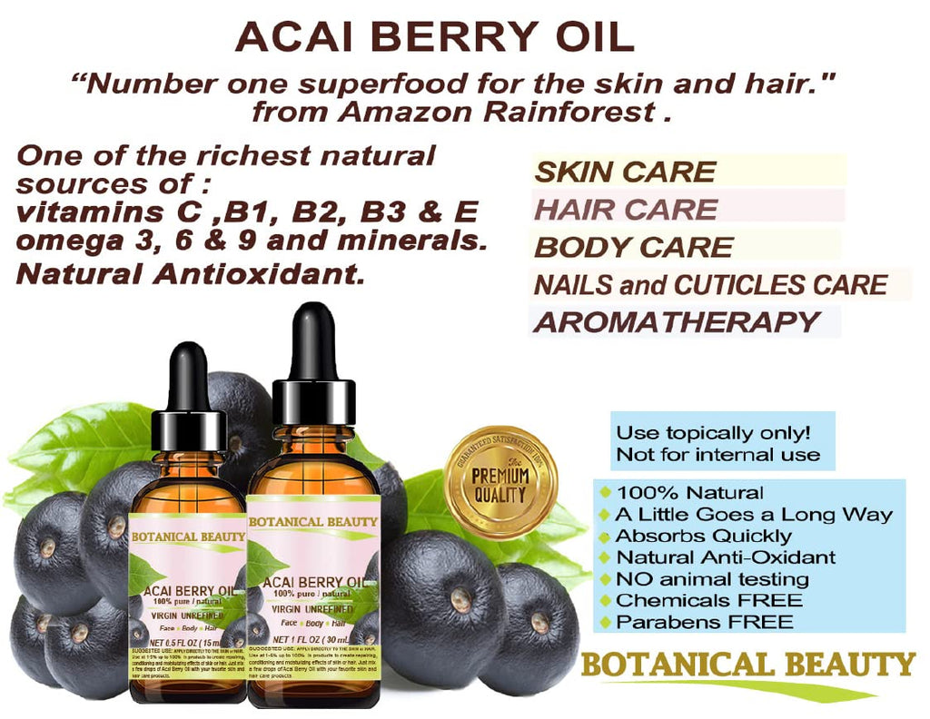 Botanical Beauty Acai Berry Oil – 100% Pure Virgin Unrefined Cold-Pressed Carrier Oil, 1 oz