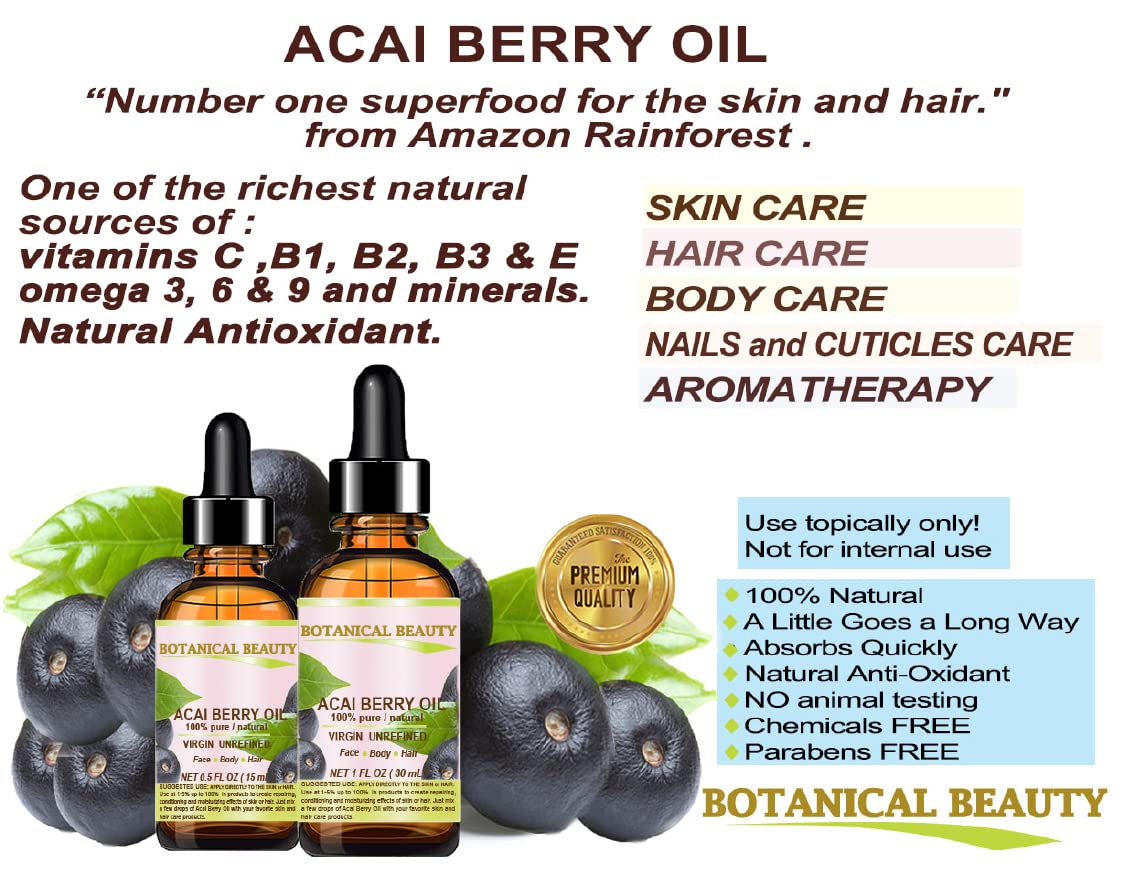 Botanical Beauty Acai Berry Oil – 100% Pure Virgin Unrefined Cold-Pressed Carrier Oil, 1 oz