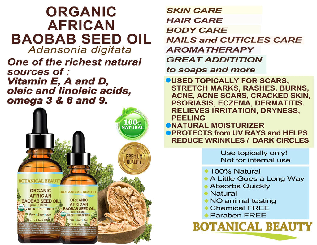 Botanical Beauty Organic Baobab Seed Oil – 100% Pure, Cold-Pressed Carrier Oil (0.5 fl oz / 15 ml) for Face, Skin, Hair