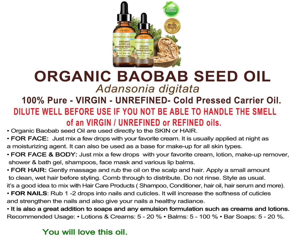 Botanical Beauty Organic Baobab Seed Oil – 100% Pure, Cold-Pressed Carrier Oil (0.5 fl oz / 15 ml) for Face, Skin, Hair