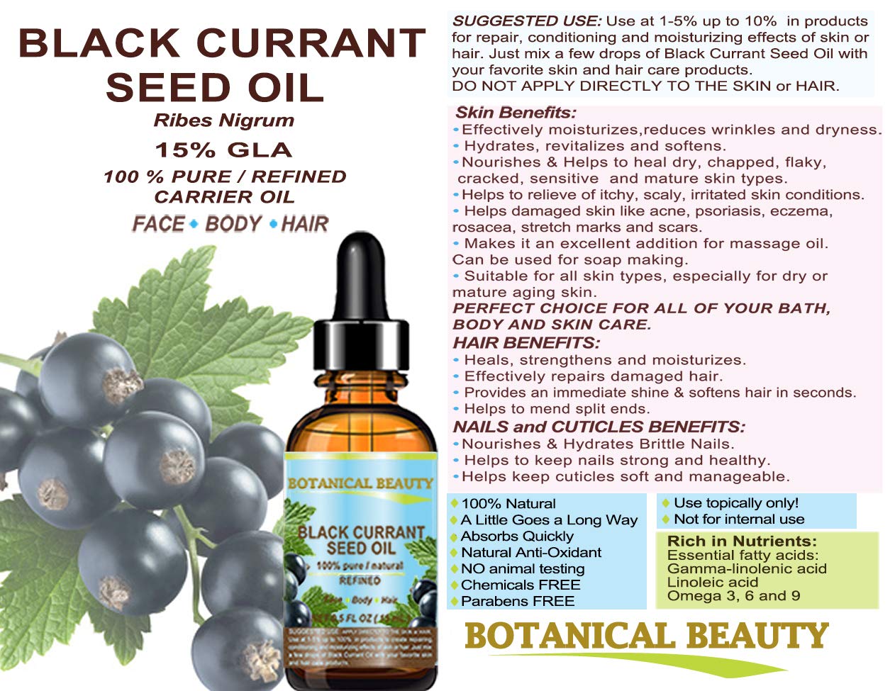 Botanical Beauty Black Currant Seed Oil – 100% Pure, Undiluted, Cold-Pressed Carrier Oil, 0.5 fl oz (15 ml)