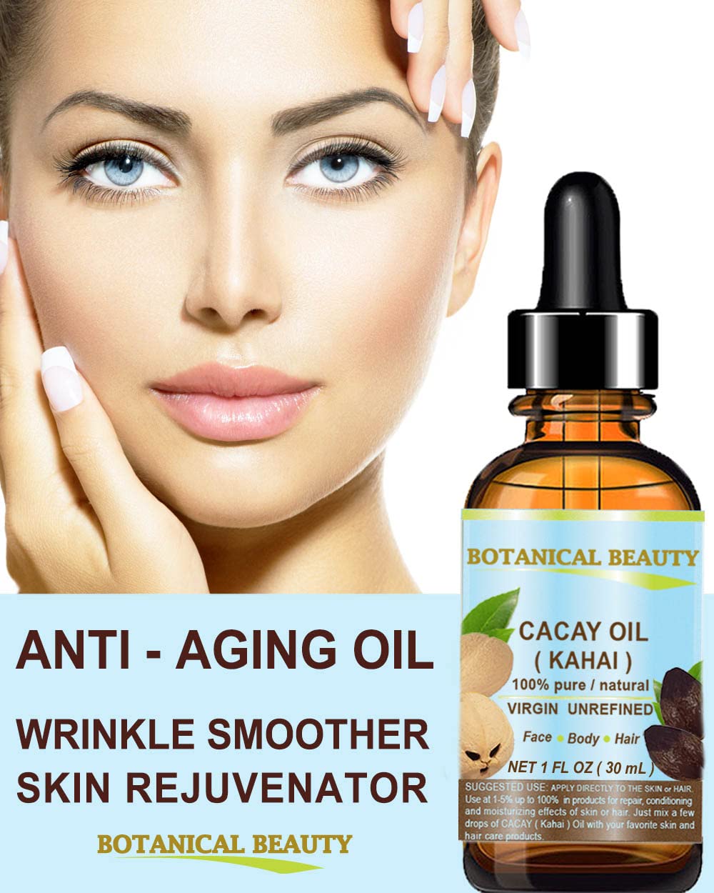 Botanical Beauty CACAY OIL 100% Pure – Anti-Aging Face & Hair Oil, Quick Absorption, 0.5 oz