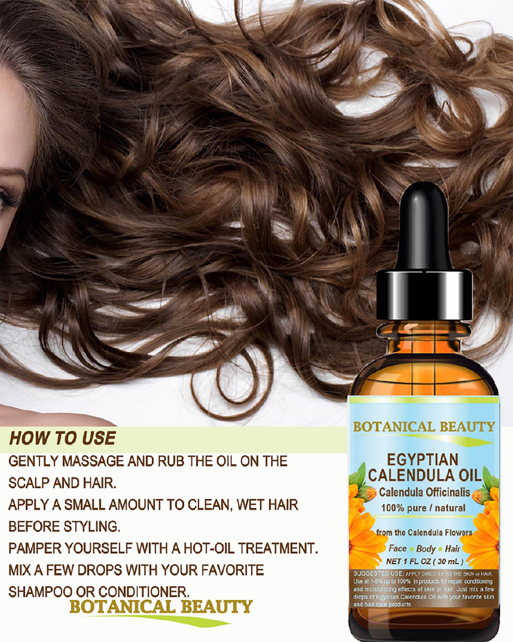 Botanical Beauty Calendula Oil - 100% Pure Egyptian Calendula Officinalis - Face, Skin, Body, Hair, Nails Moisturizer 1 Fl oz / 30 ml